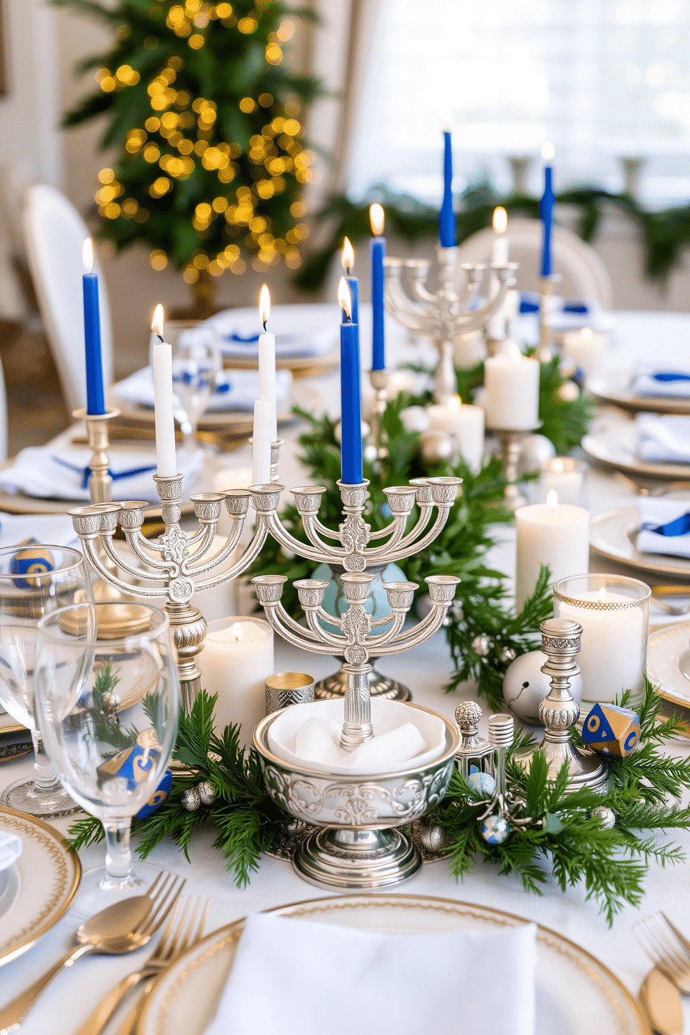 A beautifully arranged tabletop features a mini menorah for each guest, crafted from polished silver with intricate engravings. Surrounding the menorahs are festive decorations, including vibrant blue and white candles, and elegant seasonal accents like small dreidels and shimmering garlands. The table is set with elegant dinnerware, adorned with gold trim, and complemented by soft, flickering candlelight. Fresh greenery and subtle hints of silver and blue create a warm, inviting atmosphere perfect for celebrating Hanukkah.