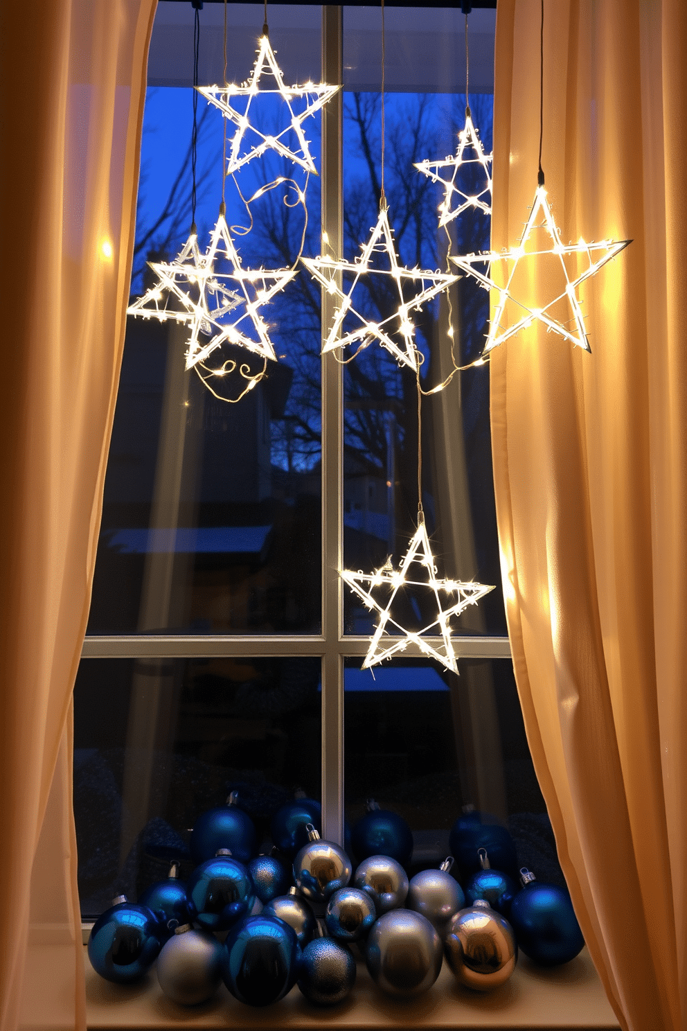 A cozy window display adorned with light-up star decorations, casting a warm glow in the evening. The stars are made of delicate wire and twinkling lights, creating a festive ambiance for Hanukkah celebrations. The window is framed with soft, sheer curtains that gently billow with the breeze. Below, a collection of blue and silver ornaments adds a touch of elegance, complementing the starry theme.