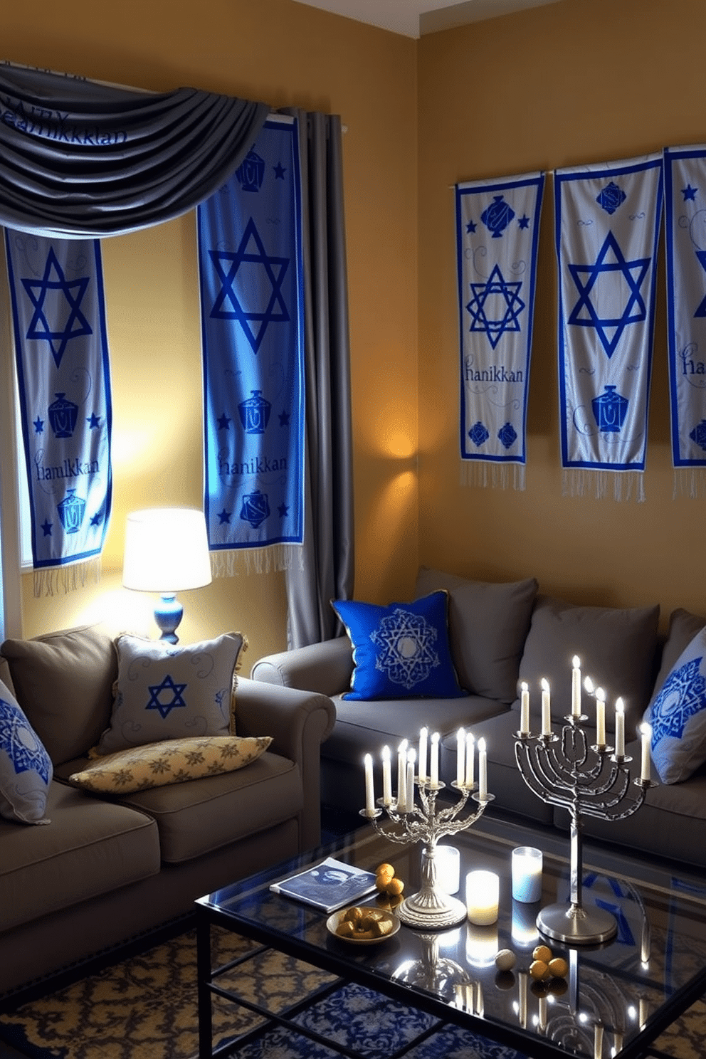 A cozy living room adorned with Hanukkah-themed fabric banners draping elegantly from the walls. The banners feature vibrant blue and silver designs, showcasing menorahs and dreidels, creating a festive atmosphere. Soft, warm lighting illuminates the space, highlighting a beautifully decorated menorah on the coffee table. Surrounding the menorah, there are small decorative elements like gelt and candles, enhancing the Hanukkah spirit.