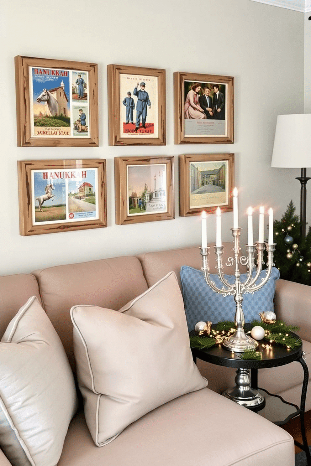 A charming living room adorned with vintage Hanukkah postcards as wall art. The postcards are framed in rustic wooden frames and arranged in a gallery style above a cozy sofa. Soft blue and silver accents complement the postcards, creating a festive atmosphere. A beautifully decorated menorah sits on a side table, surrounded by twinkling fairy lights and seasonal greenery.