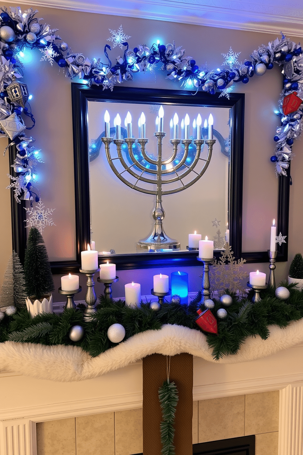 Creative menorah displays on mantels. Each display features a beautifully crafted menorah, surrounded by festive decorations such as garlands of blue and silver, twinkling fairy lights, and vibrant dreidels. The mantels are adorned with seasonal elements, including candles in various heights and colors, and decorative accents like stars and snowflakes. A cozy atmosphere is created with soft fabrics, like a plush runner, and small potted plants that add a touch of greenery.