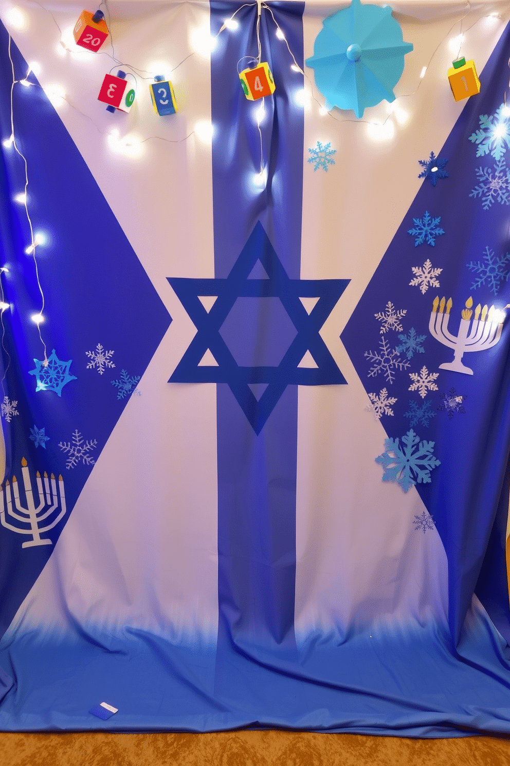 A vibrant DIY Hanukkah-themed photo booth backdrop featuring a large blue and white Star of David as the centerpiece. Surrounding the star are strings of twinkling fairy lights and colorful paper dreidels hanging from the top, creating a festive atmosphere. The backdrop is adorned with handmade paper menorahs and snowflakes in various shades of blue and silver. A soft, textured fabric in a deep blue drapes down to the floor, providing a cozy setting for holiday photos.