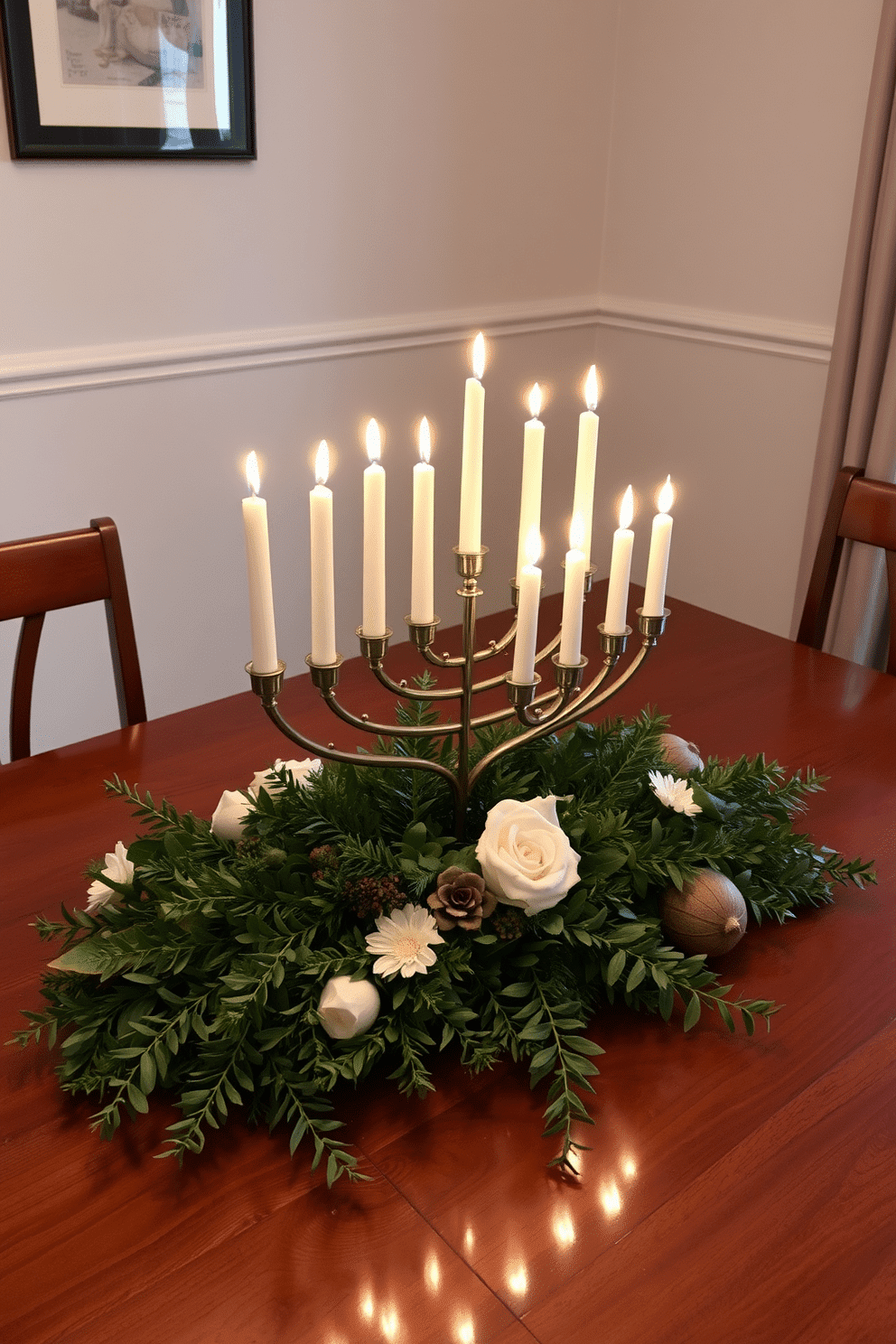 A stunning Menorah centerpiece is elegantly displayed on a polished wooden dining table, surrounded by an array of fresh greenery. Soft, warm candlelight flickers from the Menorah, casting a cozy glow that enhances the festive ambiance of the Hanukkah celebration.