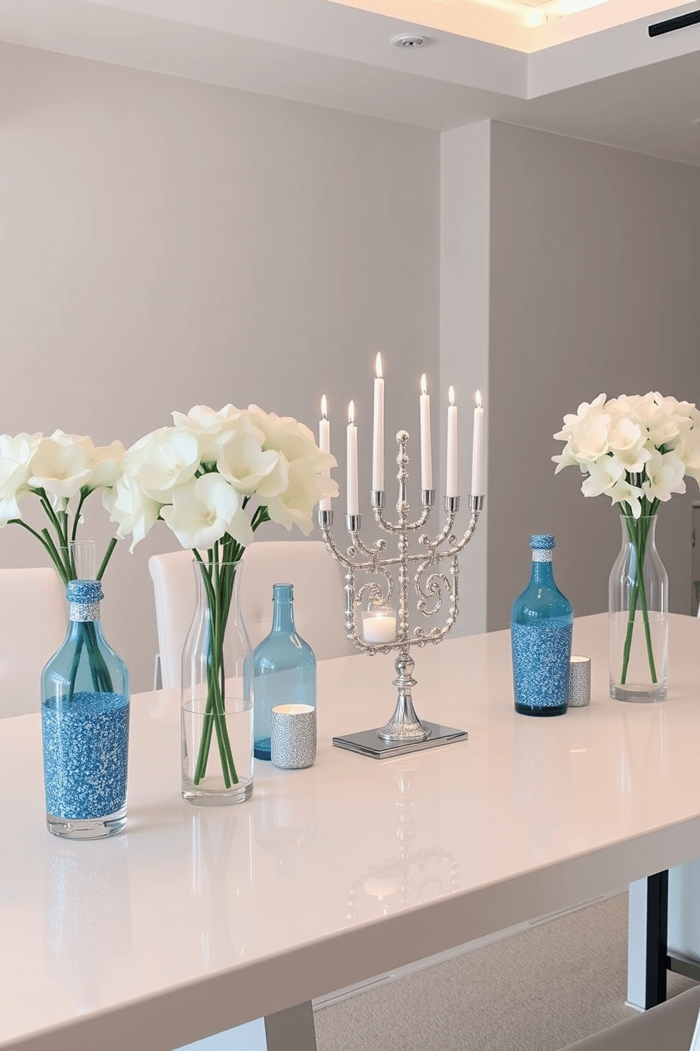 A collection of elegant glass vases filled with pristine white flowers sits on a sleek, modern table. The vases vary in height and shape, creating a visually appealing arrangement that complements the minimalist decor of the space. For Hanukkah, the table is adorned with shimmering blue and silver accents, including a beautifully designed menorah at the center. Soft candlelight flickers, casting a warm glow over the elegant setting, enhancing the festive atmosphere.