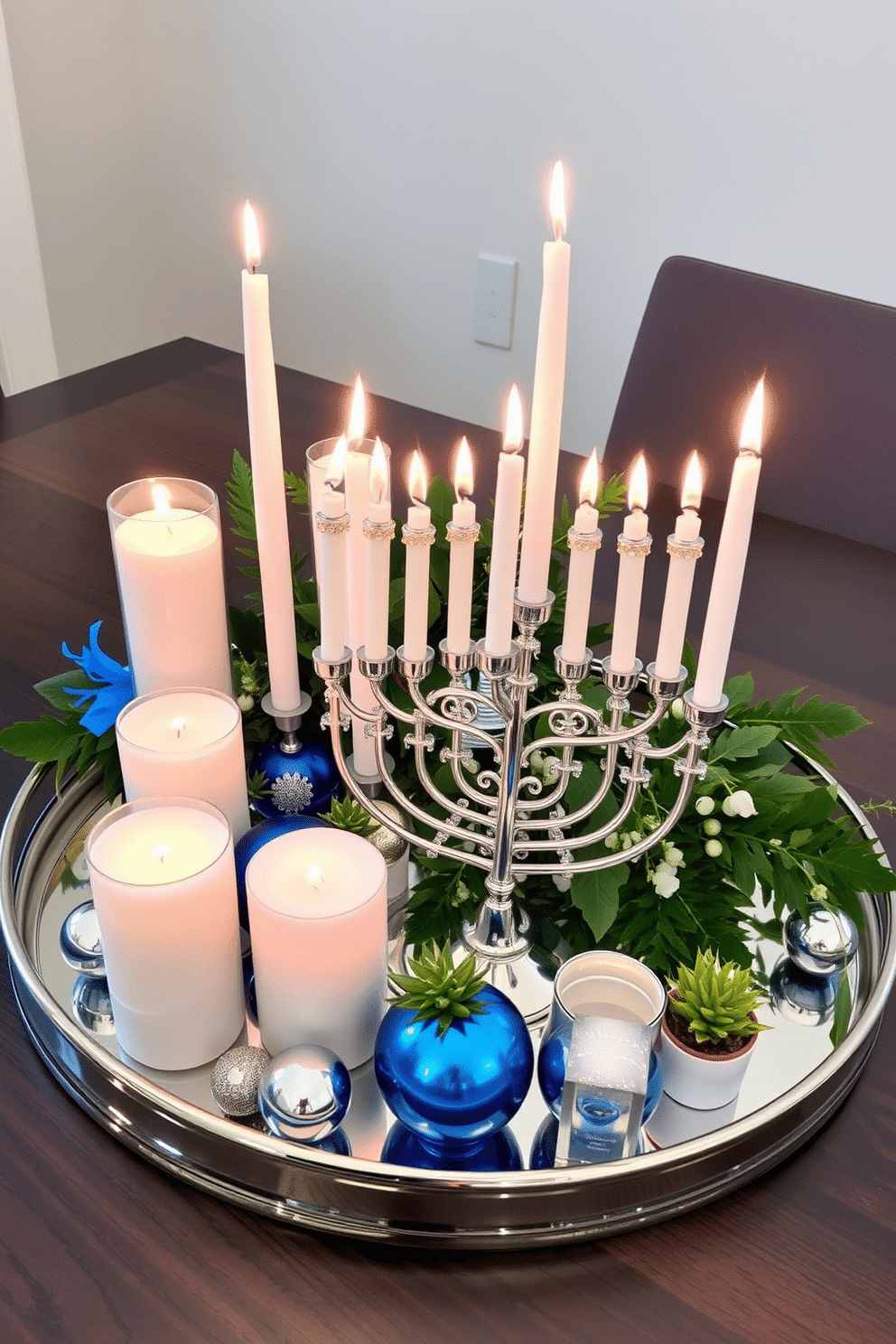 A beautifully arranged decorative tray features an assortment of elegant candles in varying heights, surrounded by lush greenery that adds a touch of freshness. The soft glow of the candles creates a warm ambiance, perfect for intimate gatherings or festive celebrations. For Hanukkah, the decor includes a stunning menorah placed prominently on the tray, complemented by blue and silver accents that reflect the holiday's colors. Delicate ornaments and small potted plants enhance the festive atmosphere, bringing a sense of joy and tradition to the space.