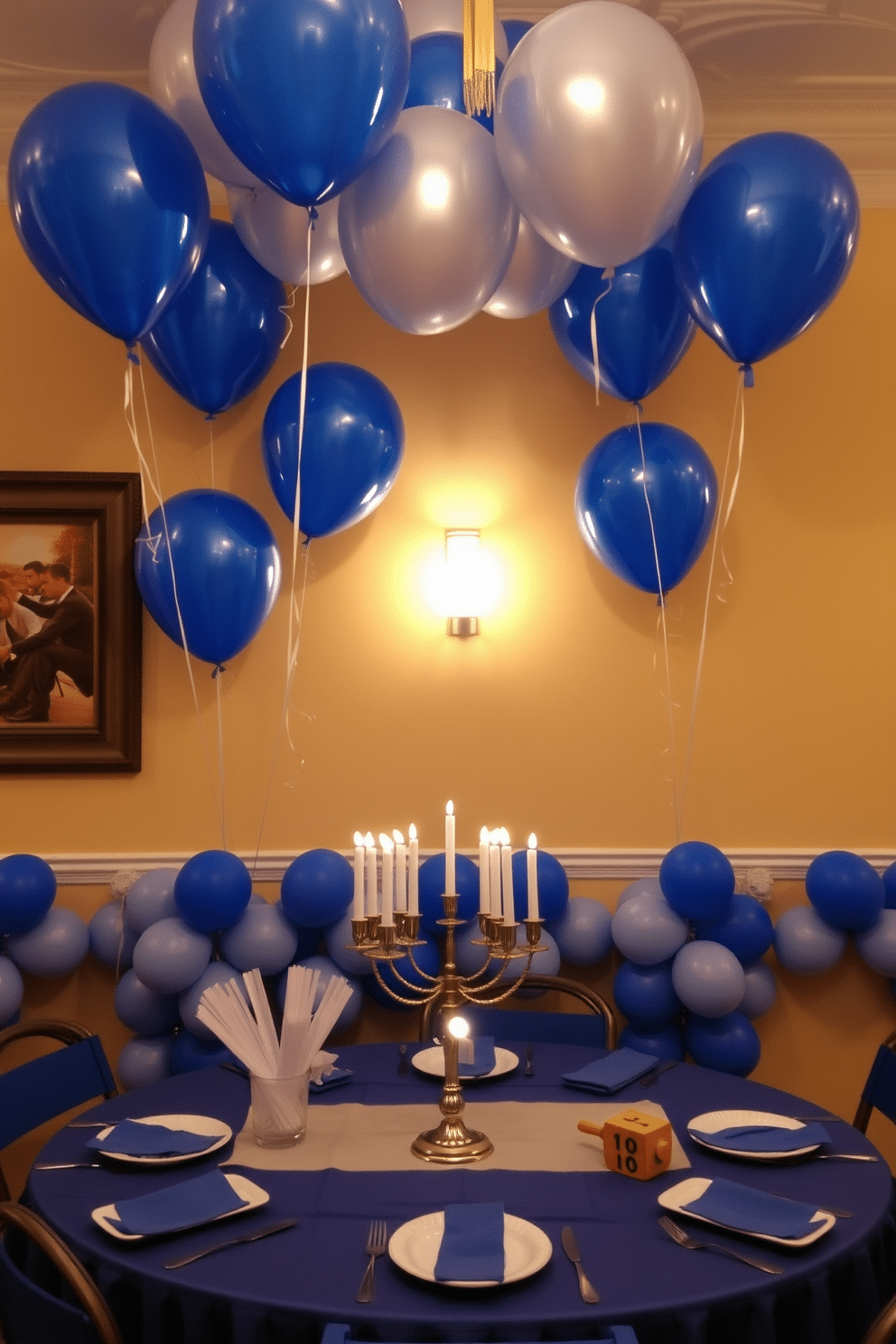 A festive Hanukkah scene adorned with blue and silver balloons, creating a cheerful atmosphere. The balloons are arranged in clusters, floating above a beautifully set table featuring traditional menorahs and dreidels.