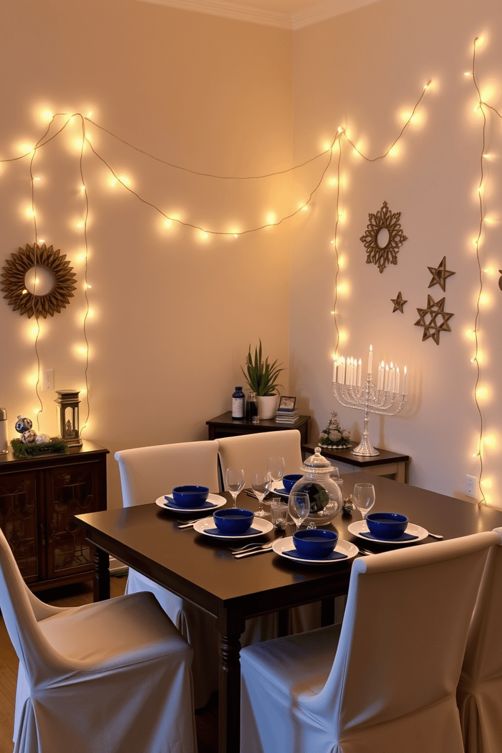 A cozy dining area adorned with warm LED string lights that gently illuminate the space, creating a festive atmosphere. The table is elegantly set with blue and silver tableware, surrounded by chairs draped in soft, white fabric. In the corner, a beautifully decorated menorah stands on a side table, surrounded by colorful dreidels and festive ornaments. The walls are adorned with subtle Hanukkah-themed decorations, enhancing the celebratory vibe of the room.