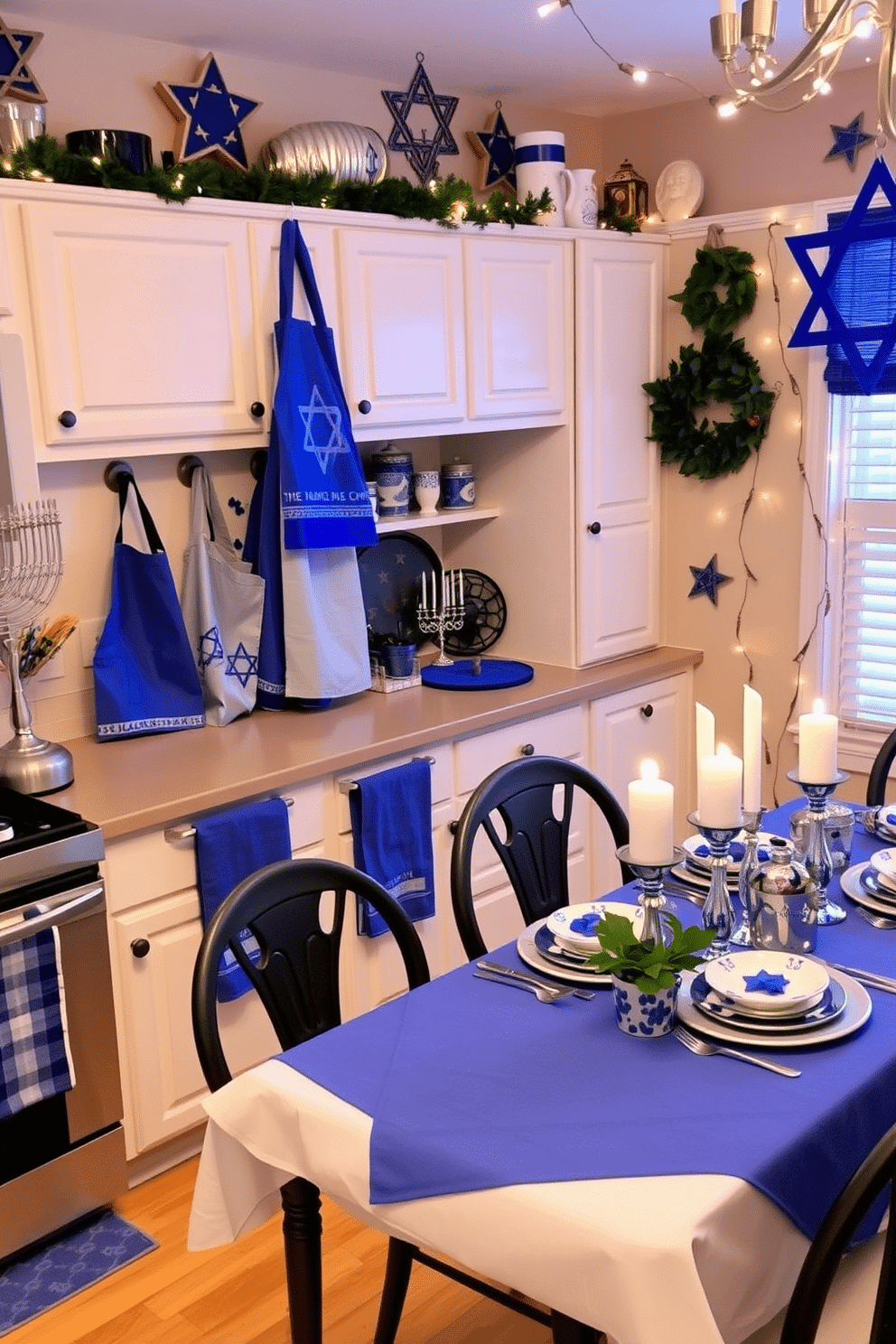 A cozy kitchen adorned for Hanukkah, featuring vibrant blue and silver kitchen towels and aprons hanging neatly on hooks. The countertops are decorated with menorahs, dreidels, and festive tableware, creating a warm and inviting atmosphere. A beautifully arranged dining table set for a Hanukkah celebration, complete with a blue and white tablecloth and decorative centerpieces. The walls are adorned with star of David ornaments and string lights, enhancing the festive spirit of the room.