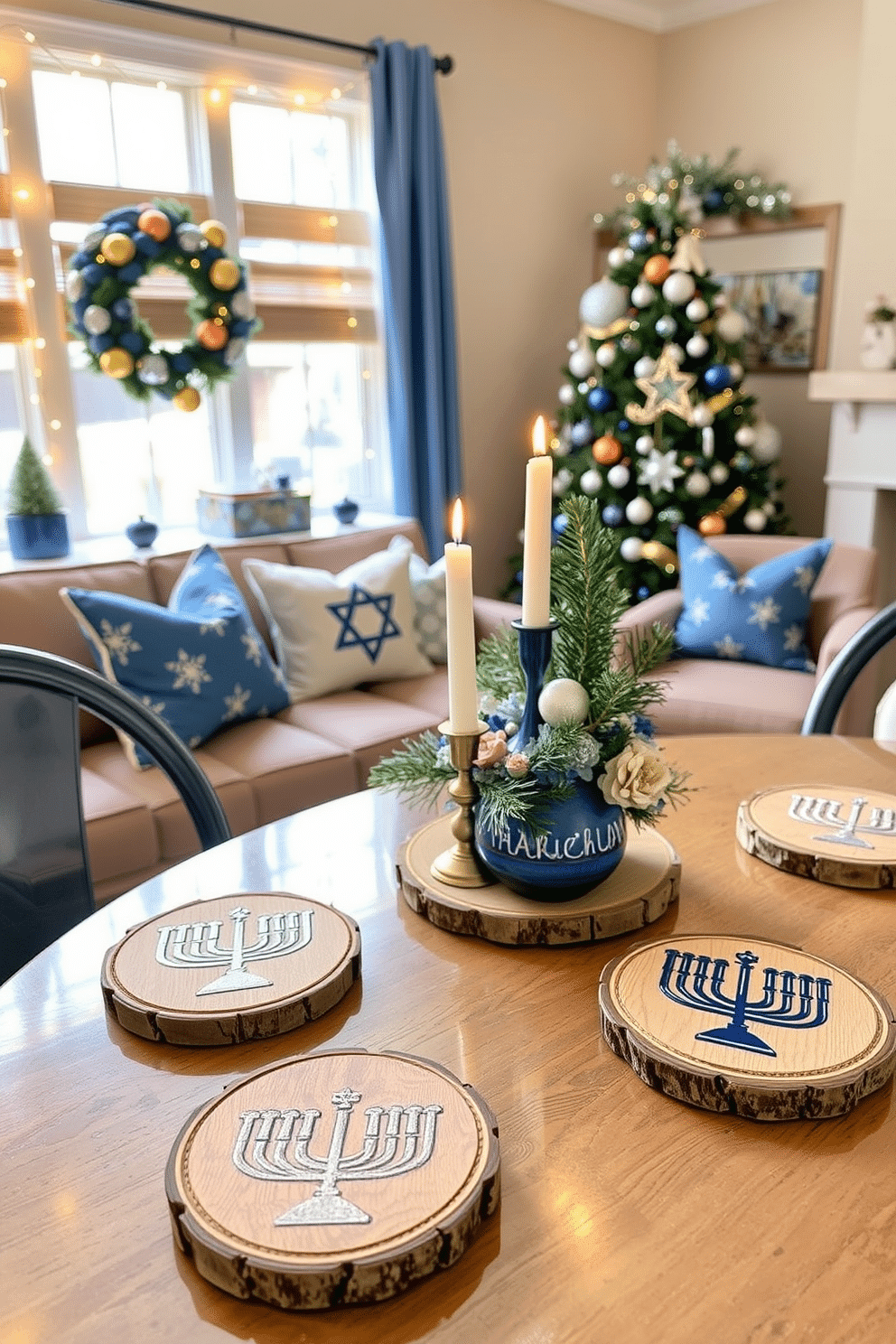 Charming holiday-themed coasters adorn the tables, each featuring intricate designs that celebrate the spirit of the season. The coasters are made from natural wood, with hand-painted motifs of menorahs and dreidels, adding a festive touch to the cozy atmosphere. For Hanukkah decorating ideas, a warm and inviting living room is transformed with blue and silver accents. String lights twinkle around the windows, while a beautifully arranged table showcases a vibrant centerpiece with candles and seasonal decorations.