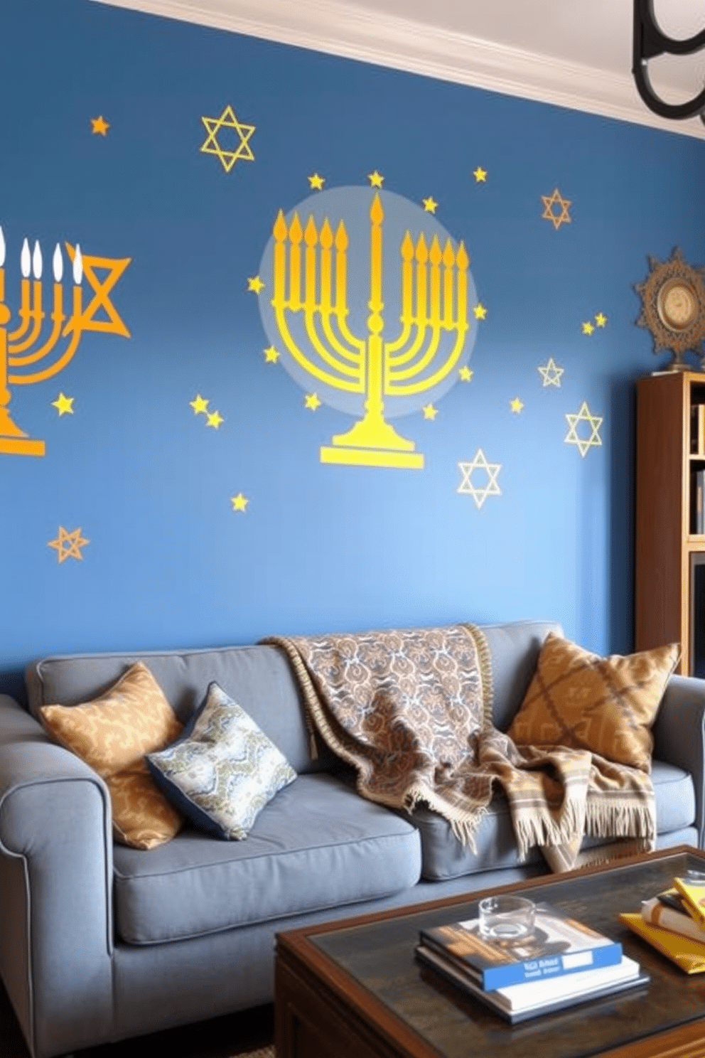 A vibrant living room adorned with artistic wall decals of menorahs and stars, creating a festive atmosphere for Hanukkah celebrations. The walls are painted in a warm blue hue, complementing the golden accents of the decals, while a cozy sofa draped with a patterned throw invites relaxation.