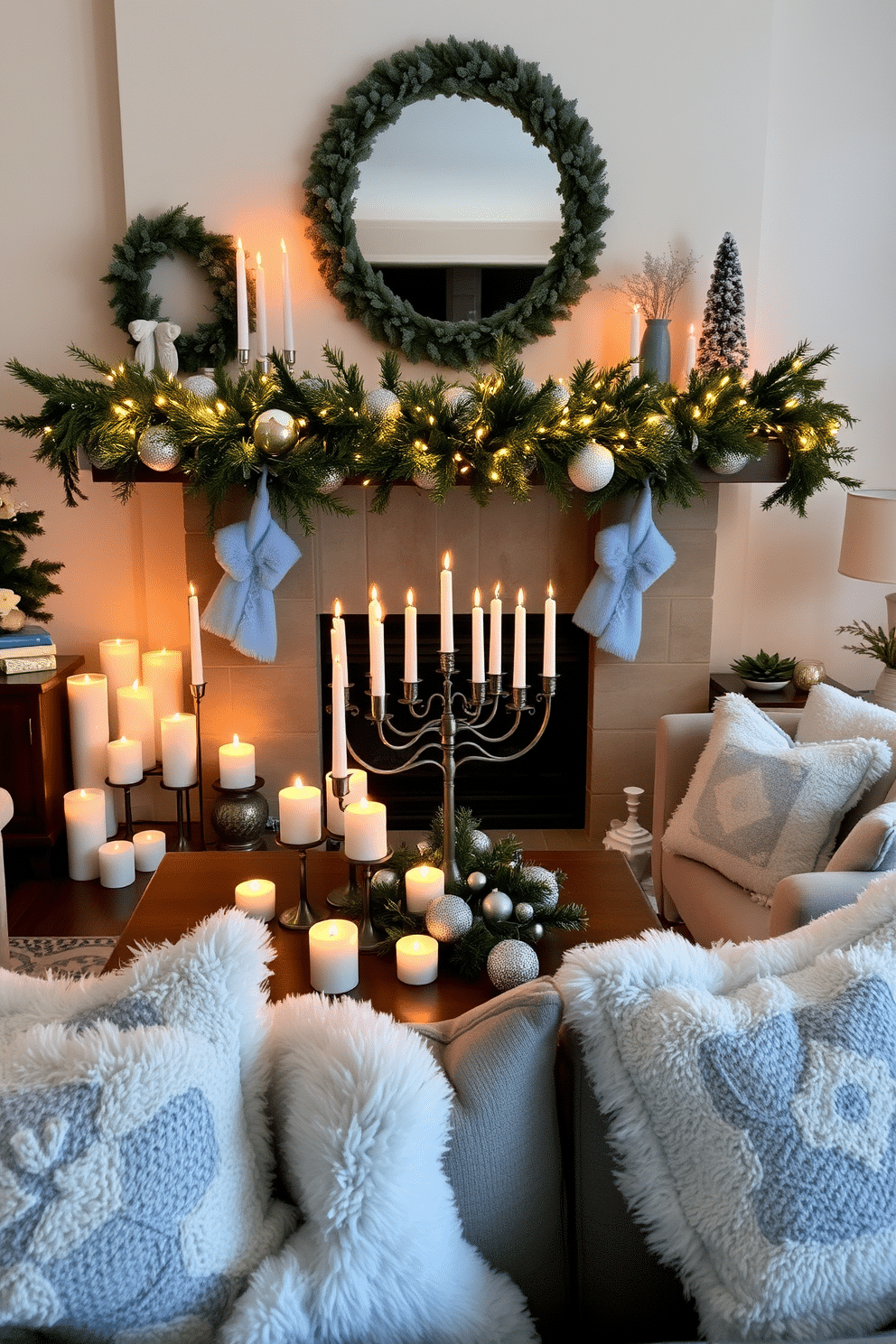 A cozy living room adorned with holiday decorations. The space features a large, elegantly decorated menorah on the coffee table, surrounded by a collection of festive candles in varying heights, each emitting warm, inviting scents of cinnamon and pine. Soft blue and silver accents are woven throughout the decor, with garlands draped over the mantel and twinkling fairy lights adding a magical glow. Plush throw pillows with Star of David patterns adorn the sofa, creating a welcoming atmosphere for family gatherings during Hanukkah.