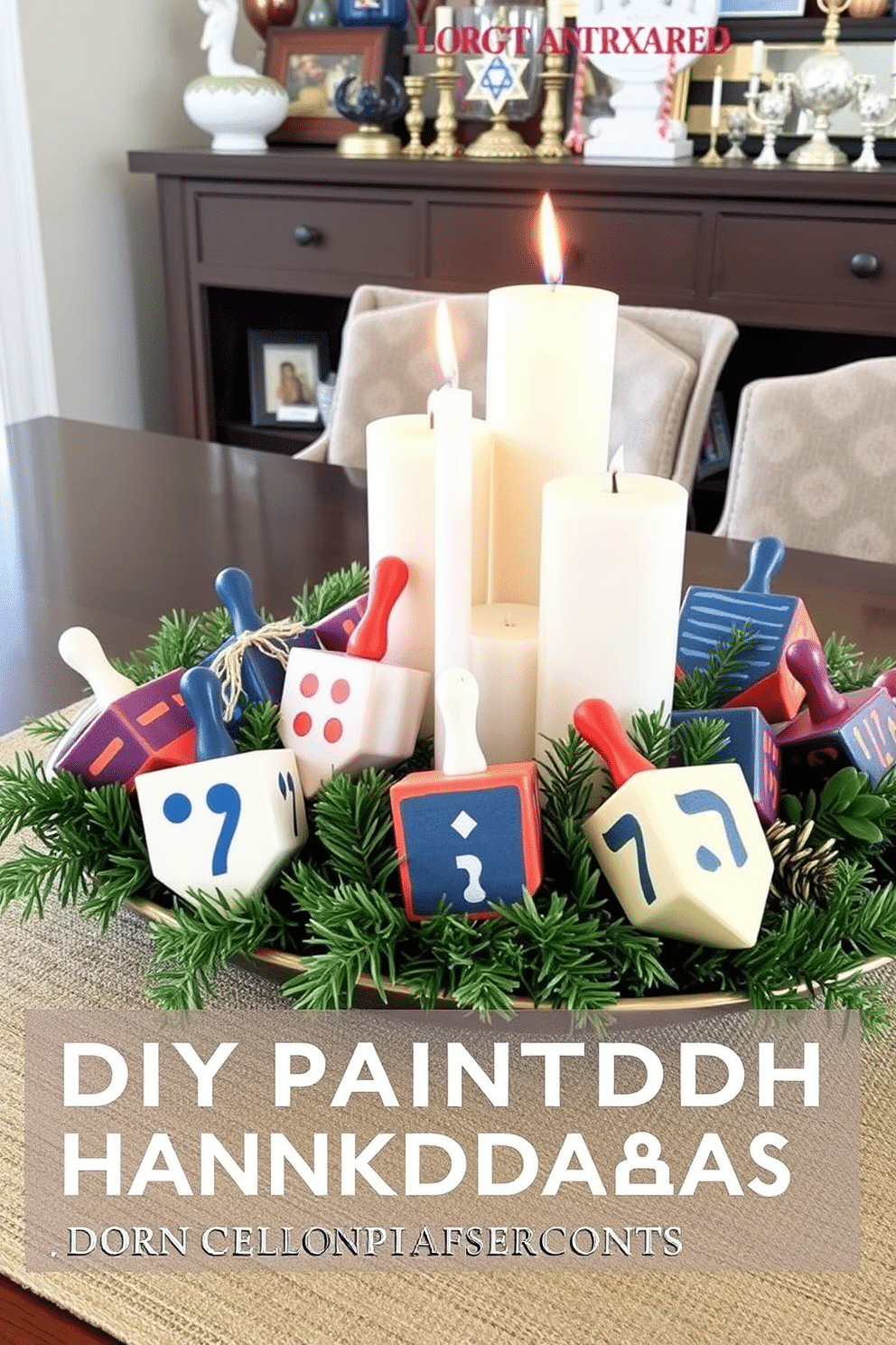 A festive display of DIY painted wooden dreidels, each uniquely designed with vibrant colors and patterns, brings a playful touch to your Hanukkah celebration. Arrange them on a decorative tray alongside candles and greenery to create an inviting holiday centerpiece. Incorporate these dreidels into your home decor by placing them on shelves or mantels, adding a whimsical element to your seasonal styling. Pair them with traditional Hanukkah symbols, such as menorahs or Star of David ornaments, to enhance the festive atmosphere.