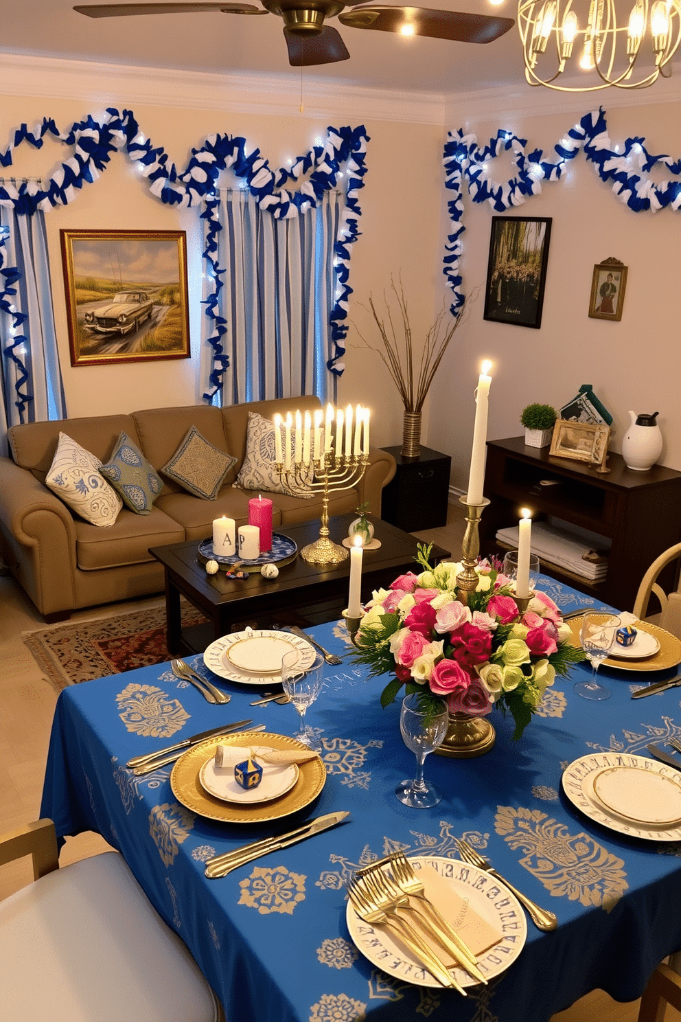 A cozy living room adorned for Hanukkah, featuring a beautifully decorated menorah on the coffee table, surrounded by colorful dreidels and festive candles. The walls are draped with blue and white garlands, and a plush sofa is complemented by cushions in traditional patterns, creating a warm and inviting atmosphere. A dining table set for a Hanukkah feast, showcasing a vibrant tablecloth with gold accents and a centerpiece of fresh flowers. The table is adorned with elegant dinnerware, sparkling glassware, and an array of traditional dishes, all under the soft glow of string lights hanging overhead.