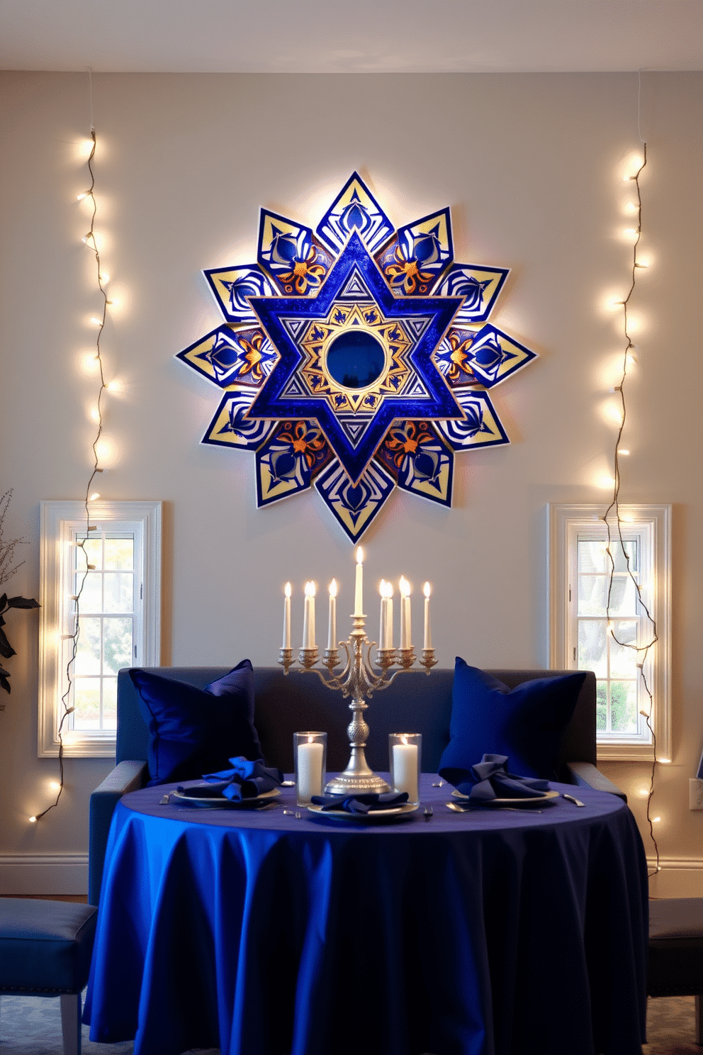 A striking Star of David wall art display serves as the focal point of the room, showcasing intricate designs and vibrant colors that celebrate the beauty of Jewish heritage. Surrounding the artwork, soft ambient lighting enhances the piece, creating a warm and inviting atmosphere for gatherings. For Hanukkah decorating ideas, the space is adorned with elegant blue and silver accents, including a beautifully set table featuring a menorah at the center. Twinkling fairy lights drape gracefully across the windows, adding a festive touch that complements the overall decor.