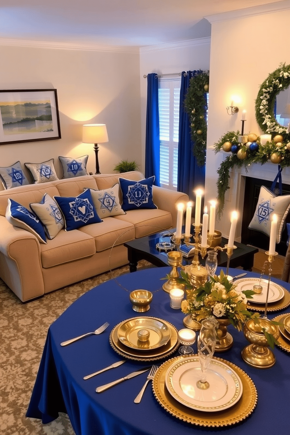 A cozy living room adorned with Hanukkah-themed throw pillows on plush sofas, featuring designs of dreidels and menorahs in vibrant blues and silvers. The space is illuminated by soft, warm lighting, complemented by a beautifully decorated menorah on the coffee table and festive garlands draped across the mantel. A festive dining area set for a Hanukkah celebration, with a table dressed in a blue tablecloth and adorned with golden accents. Centered on the table is a stunning display of traditional dishes, surrounded by elegant Hanukkah-themed centerpieces and flickering candlelight to create a warm, inviting atmosphere.