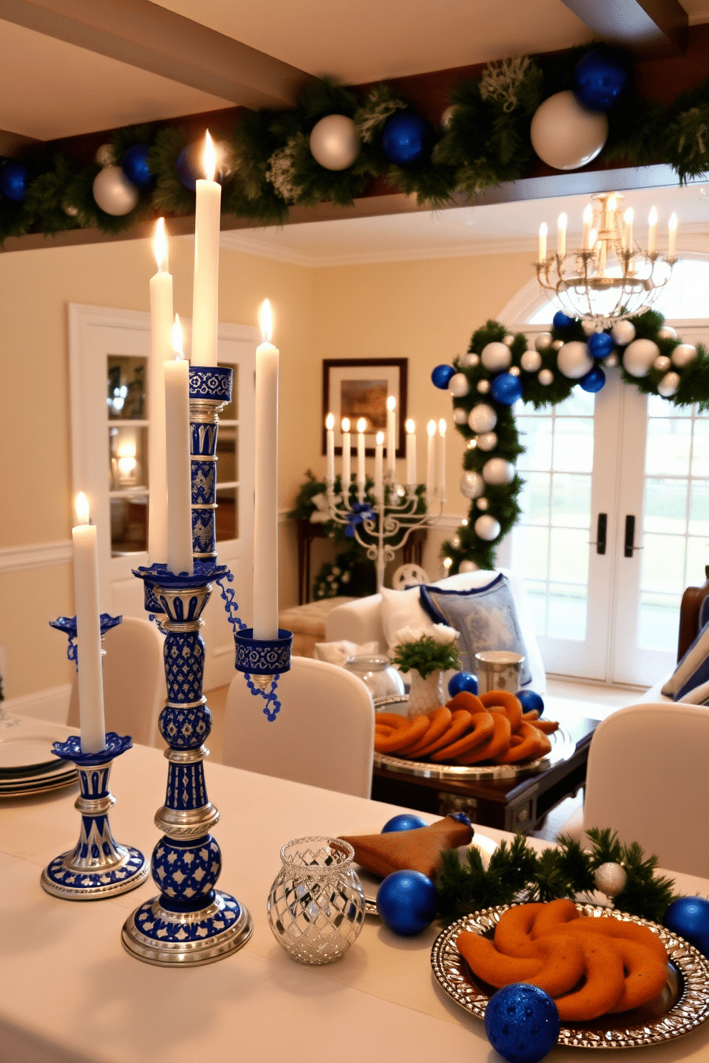 A stunning arrangement of blue and white candle holders, featuring intricate patterns and varying heights, creates a festive atmosphere. The candle holders are artfully placed on a beautifully set table adorned with a crisp white tablecloth and sparkling silver accents. For Hanukkah decorating ideas, a cozy living room is illuminated with soft, warm lighting and decorated with elegant blue and silver ornaments. A beautifully draped menorah takes center stage, surrounded by festive garlands and a selection of delicious traditional treats.