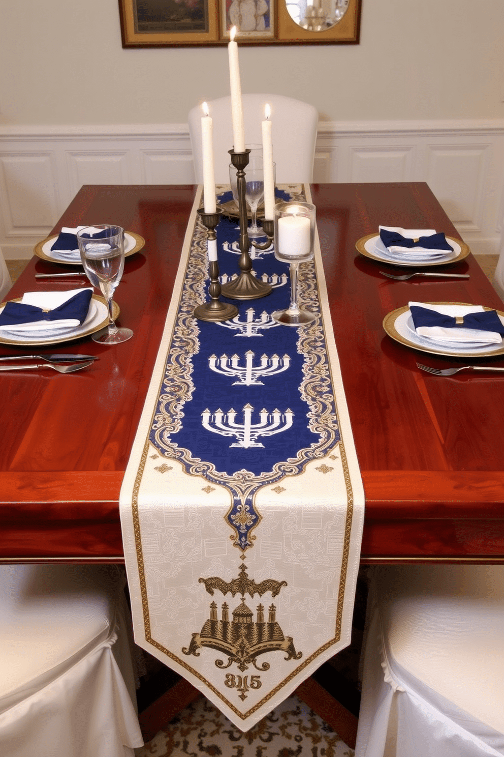 A beautifully set dining table adorned with a decorative table runner featuring intricate menorah motifs. The runner drapes elegantly over a polished wooden table, complemented by elegant dinnerware and flickering candles in stylish holders.