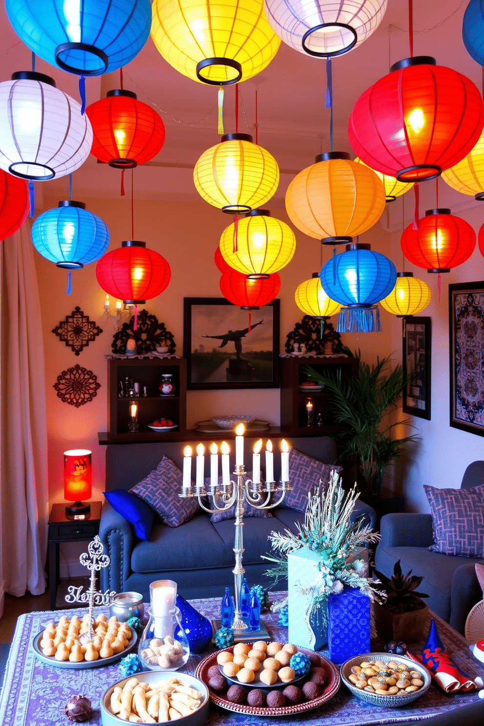 A cozy living space adorned with hanging paper lanterns in festive colors, casting a warm glow throughout the room. The vibrant lanterns are suspended from the ceiling, creating a whimsical atmosphere perfect for celebrating Hanukkah. The walls are decorated with traditional Hanukkah motifs, complementing the colorful lanterns. A beautifully arranged table features a menorah, surrounded by festive decorations and a spread of delicious holiday treats.