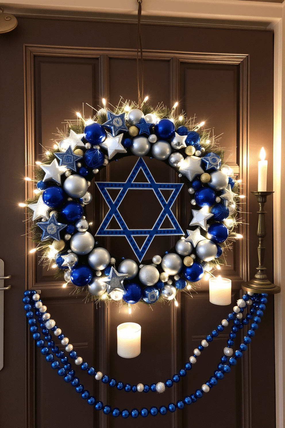 A custom Hanukkah wreath for the front door features a circular base adorned with blue and silver ornaments, including Stars of David and dreidels. Soft white lights twinkle throughout the wreath, creating a warm and inviting glow for the festive season. For Hanukkah decorating ideas, consider draping garlands of blue and silver beads along the mantel, complemented by candles in elegant holders. Incorporate decorative menorahs and vibrant table settings to enhance the celebratory atmosphere throughout your home.