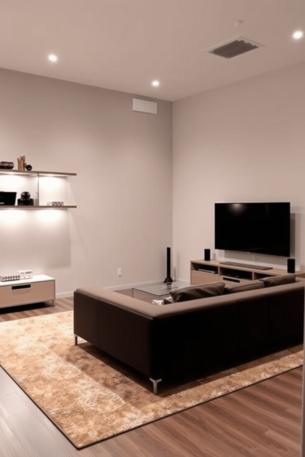 A modern minimalist game room setup features sleek, low-profile furniture with clean lines and a neutral color palette. The focal point is a large, wall-mounted flat-screen TV, flanked by minimalist shelving that holds games and decor. In the center, a plush sectional sofa invites relaxation, complemented by a simple coffee table made of glass and metal. Soft ambient lighting from recessed fixtures creates an inviting atmosphere, while a stylish area rug adds warmth to the space.