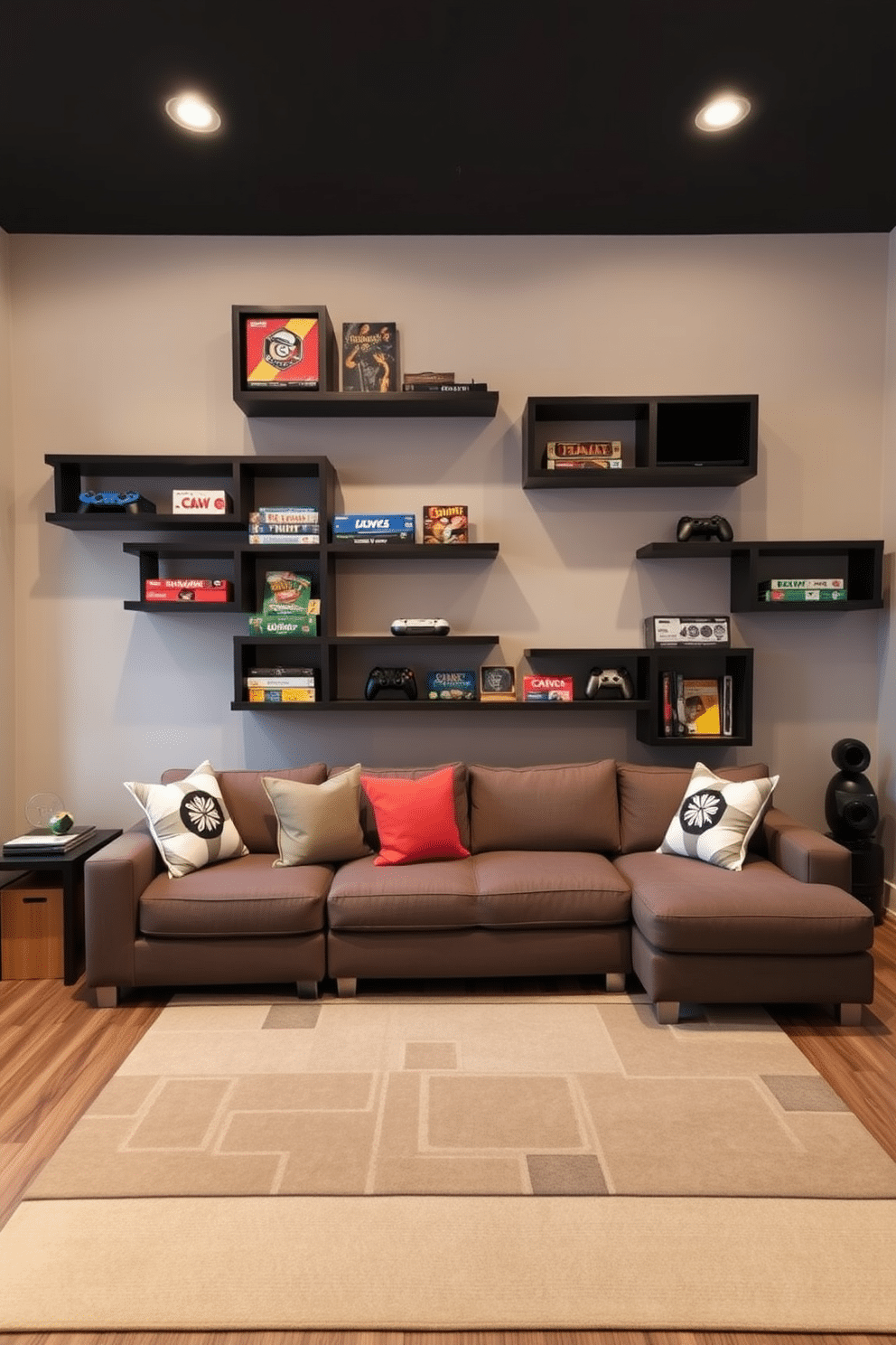 A modern game room features sleek wall-mounted shelves designed for optimal game storage, accommodating various board games and gaming consoles. The shelves are crafted from dark wood, providing a striking contrast against the light-colored walls and enhancing the room's contemporary aesthetic. In the center of the room, a plush sectional sofa invites relaxation, adorned with colorful throw pillows that echo the playful theme of the space. A large area rug with a geometric pattern anchors the seating area, while ambient lighting creates a warm and inviting atmosphere perfect for game nights.