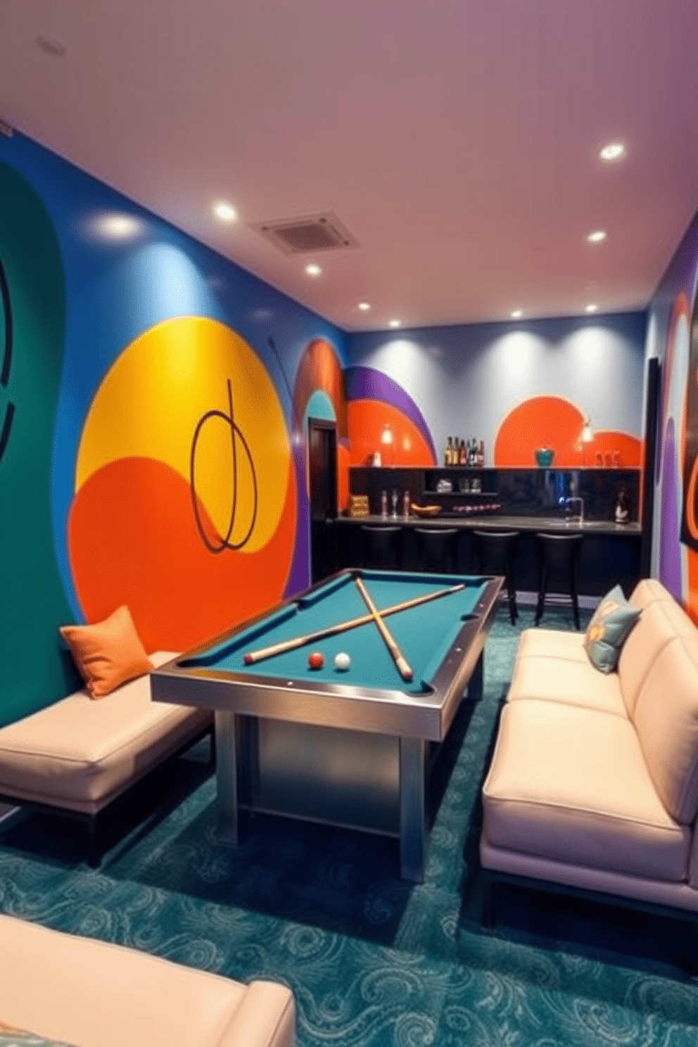 Artistic wall murals that evoke a sense of creativity adorn the walls of this vibrant space. The murals feature abstract designs in bold colors, seamlessly blending with the modern furnishings and playful decor. The game room is designed for both relaxation and entertainment, featuring plush seating and a sleek pool table at its center. Soft ambient lighting enhances the playful atmosphere, while a mini-bar area adds a touch of sophistication to the fun-filled environment.