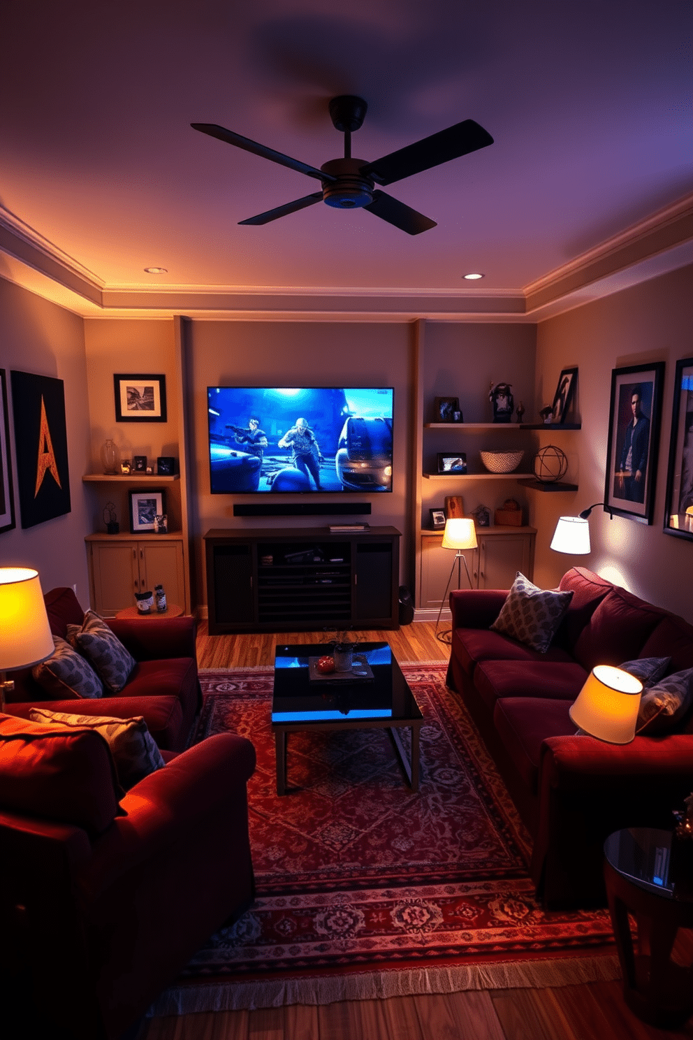 A cozy game room featuring soft, ambient lighting that creates a relaxed atmosphere. Plush seating in rich colors is arranged around a sleek coffee table, with a large screen mounted on the wall for gaming enjoyment. The walls are adorned with framed artwork and shelves displaying collectibles, adding personality to the space. A stylish rug anchors the seating area, while strategically placed floor lamps provide warm illumination, enhancing the inviting vibe.