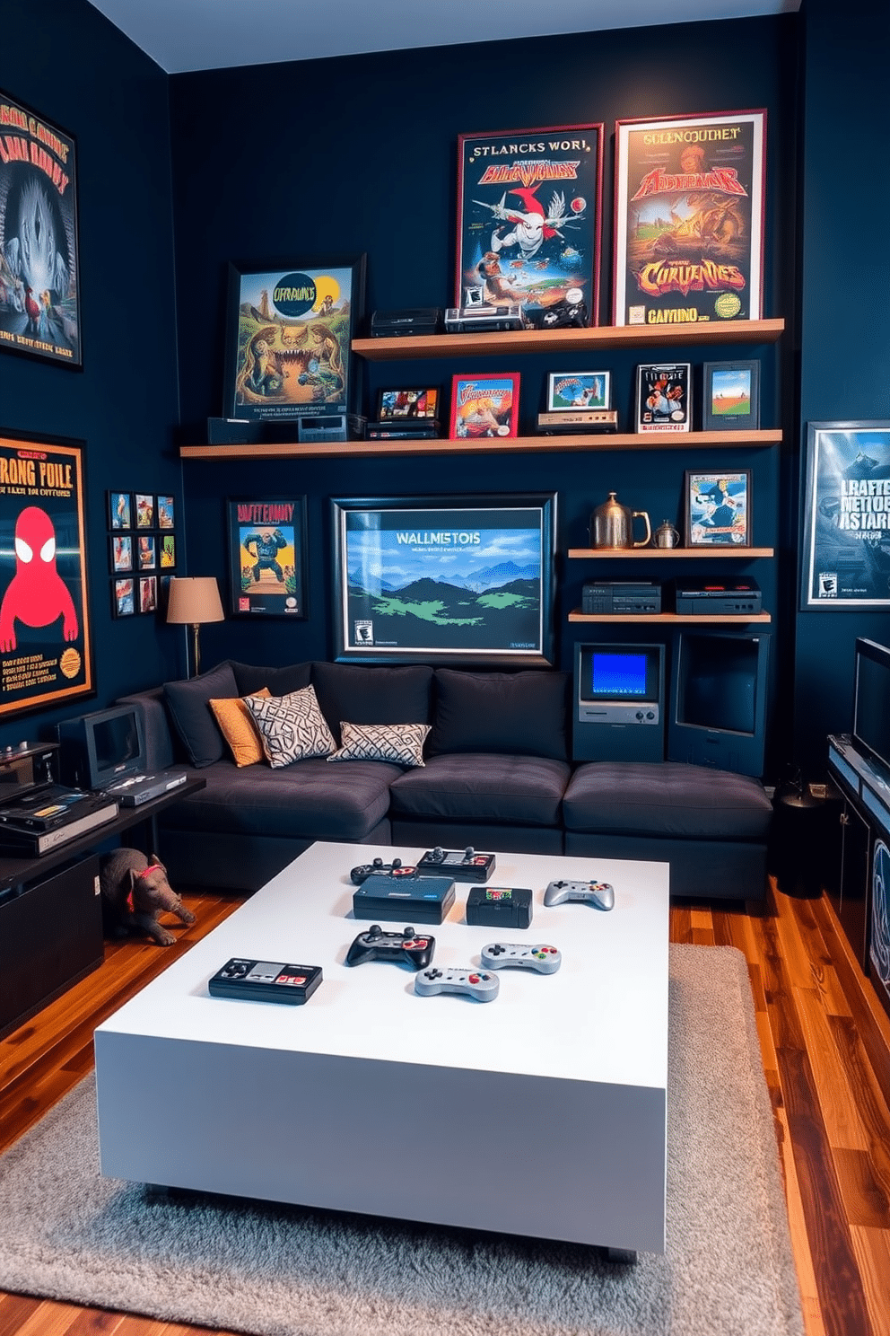 A stylish game room featuring vintage gaming consoles as decor pieces. The room is adorned with retro posters and shelves displaying classic games, creating a nostalgic atmosphere. In one corner, a plush sectional sofa invites relaxation, while a sleek coffee table holds a collection of controllers and game cartridges. The walls are painted in a deep navy blue, complemented by warm wooden accents and soft ambient lighting.