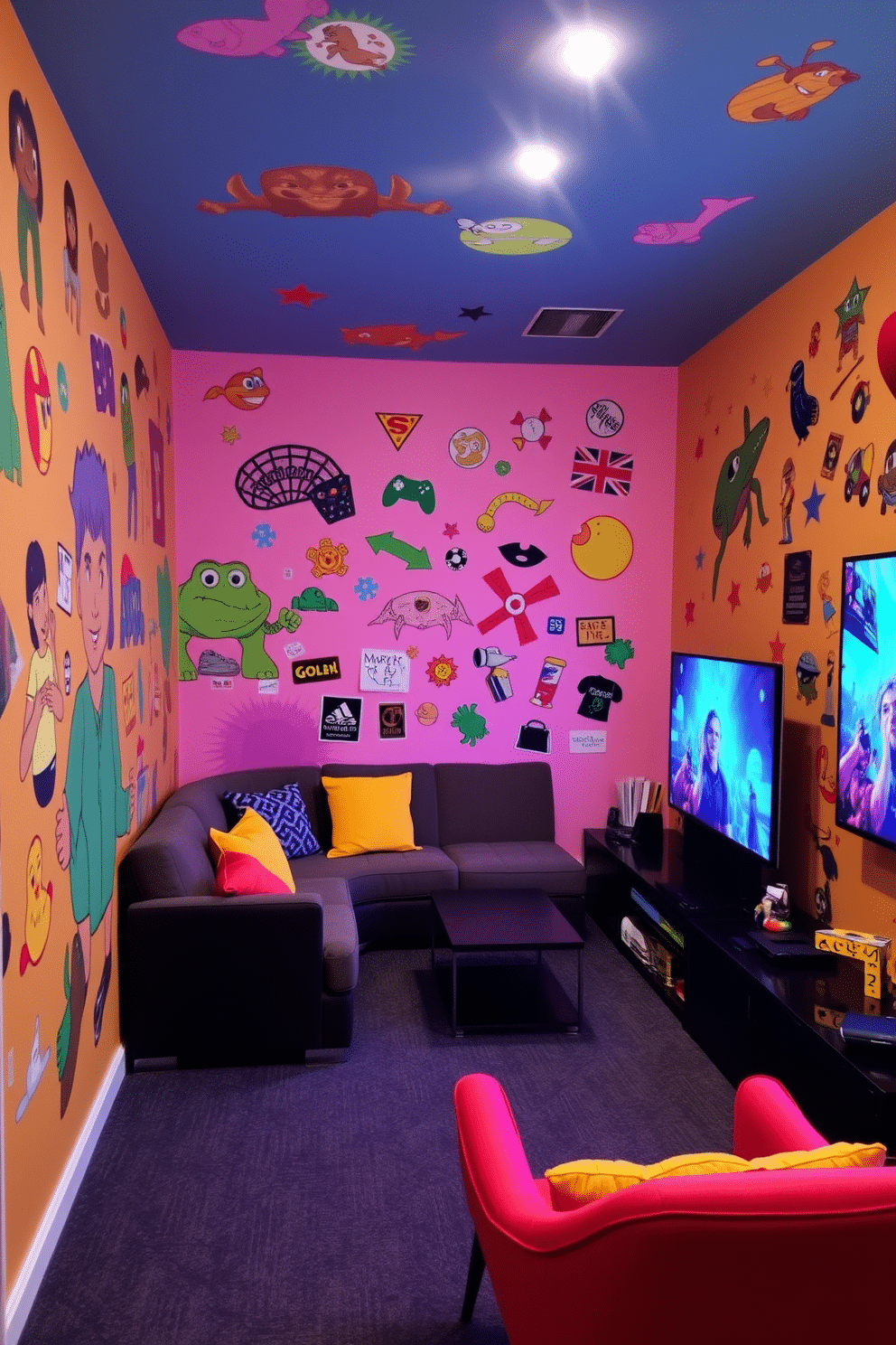 A vibrant game room filled with interactive wall art that engages guests and enhances the playful atmosphere. The walls are adorned with colorful murals and removable stickers, creating an inviting space for creativity and fun. In one corner, a cozy seating area features a plush sectional sofa with bright throw pillows, inviting relaxation. A sleek gaming console sits on a stylish media console, while a large screen displays dynamic visuals, perfect for gaming nights.