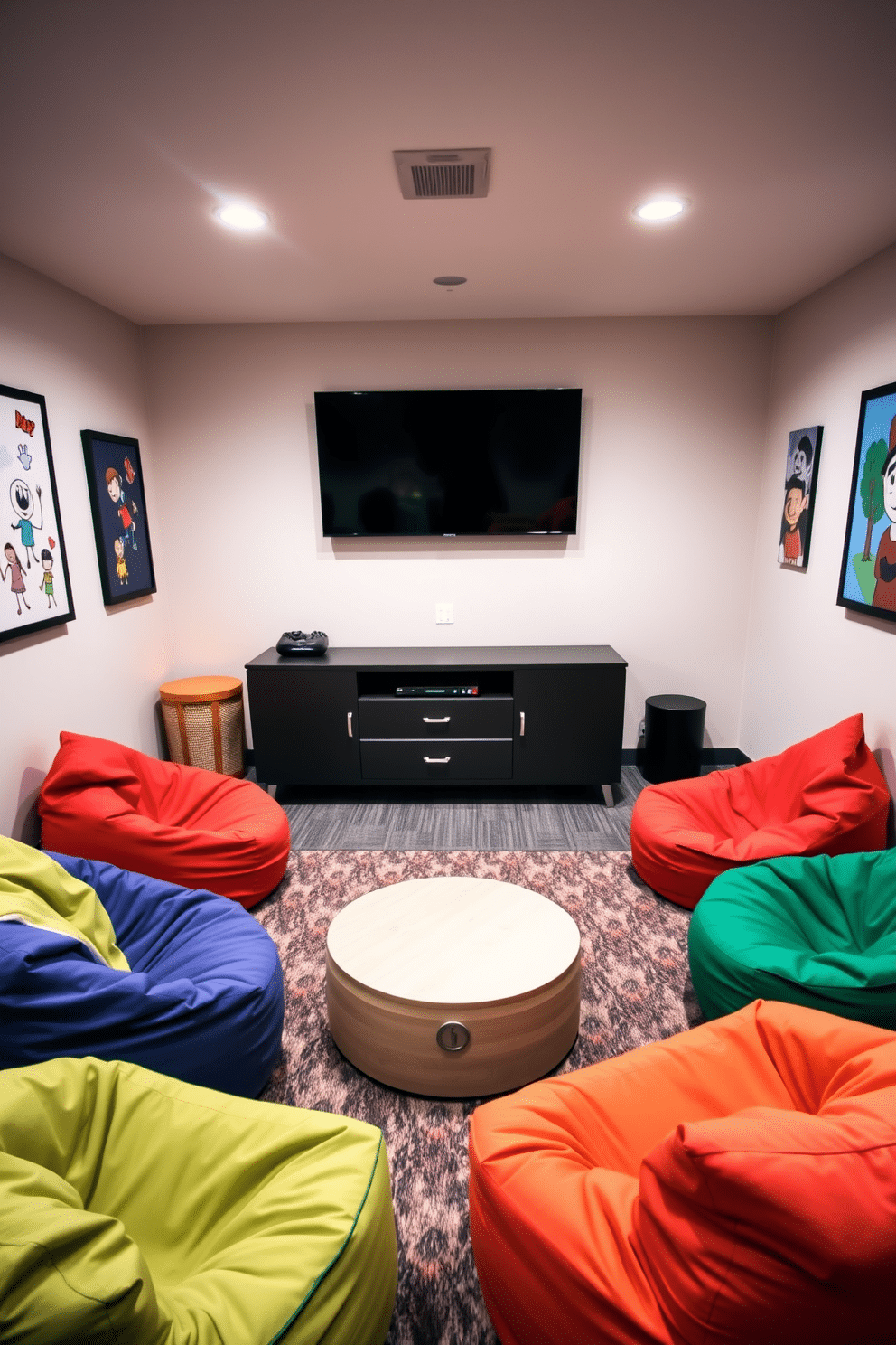 A cozy game room featuring colorful bean bags arranged around a low, round coffee table. The walls are adorned with playful artwork, and a large flat-screen TV is mounted above a sleek console, creating an inviting atmosphere for relaxation and fun.