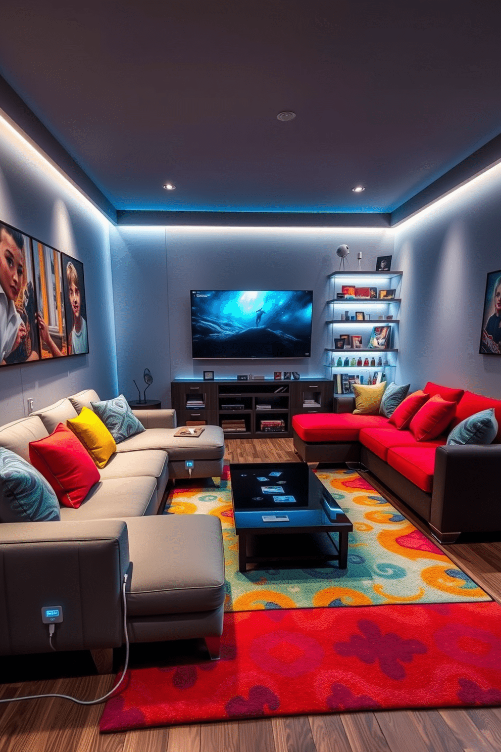 A modern game room featuring tech-friendly charging stations seamlessly integrated into the design. The space includes a large sectional sofa with vibrant cushions, a sleek coffee table, and a wall-mounted TV for gaming and entertainment. The room is adorned with ambient lighting that creates a cozy atmosphere, while the charging stations are cleverly hidden within the furniture for easy access. A colorful rug defines the gaming area, and shelves filled with board games and collectibles add a personal touch.