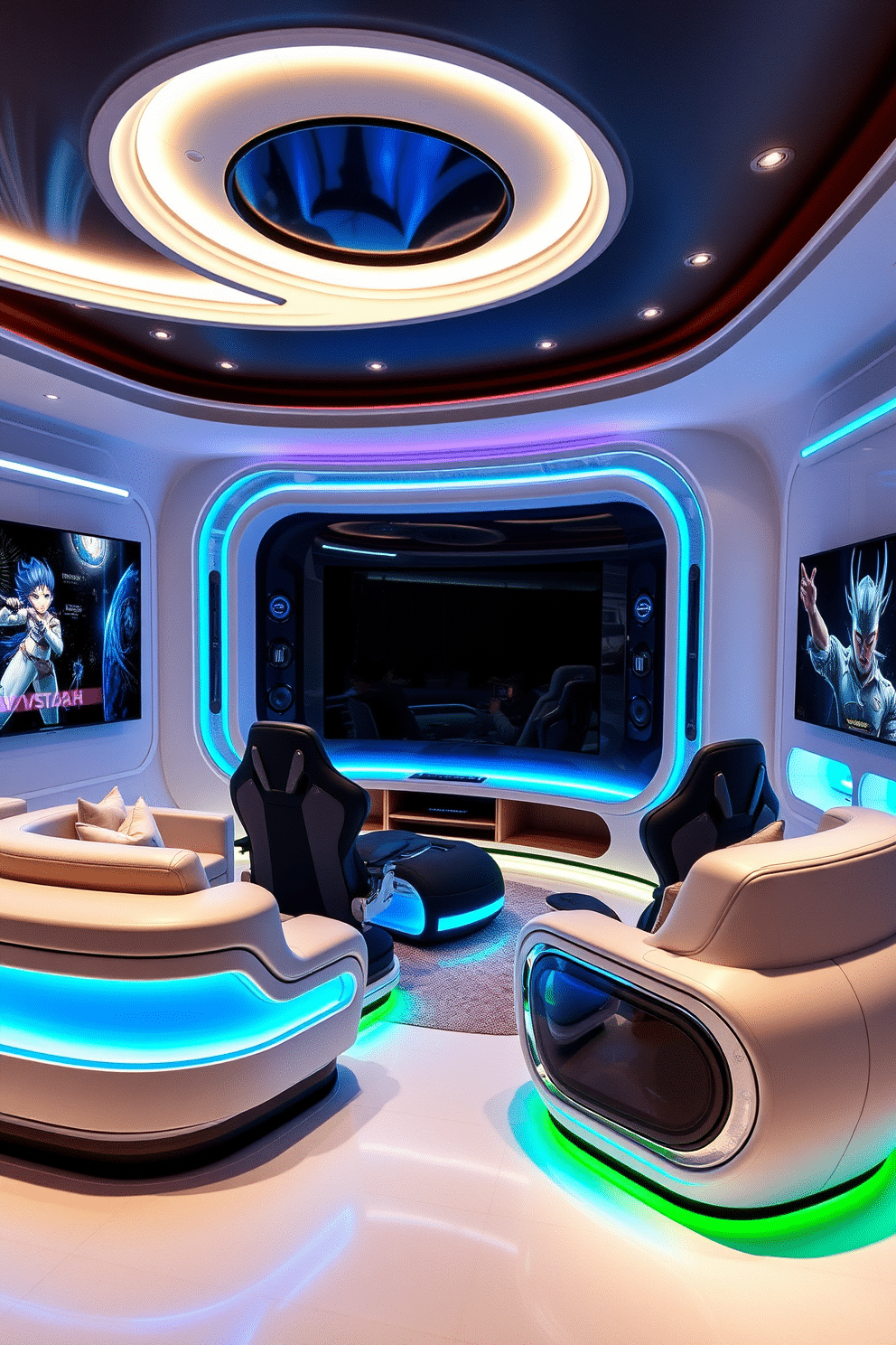 A futuristic game room featuring sleek, modular furniture with integrated LED lighting accents that change color based on mood. The walls are adorned with digital art displays, and a high-tech gaming console is seamlessly built into a custom entertainment unit. The room includes a plush seating area with ergonomic gaming chairs and a large, curved screen as the focal point. Ambient lighting creates a dynamic atmosphere, enhancing the overall gaming experience while maintaining a sophisticated aesthetic.