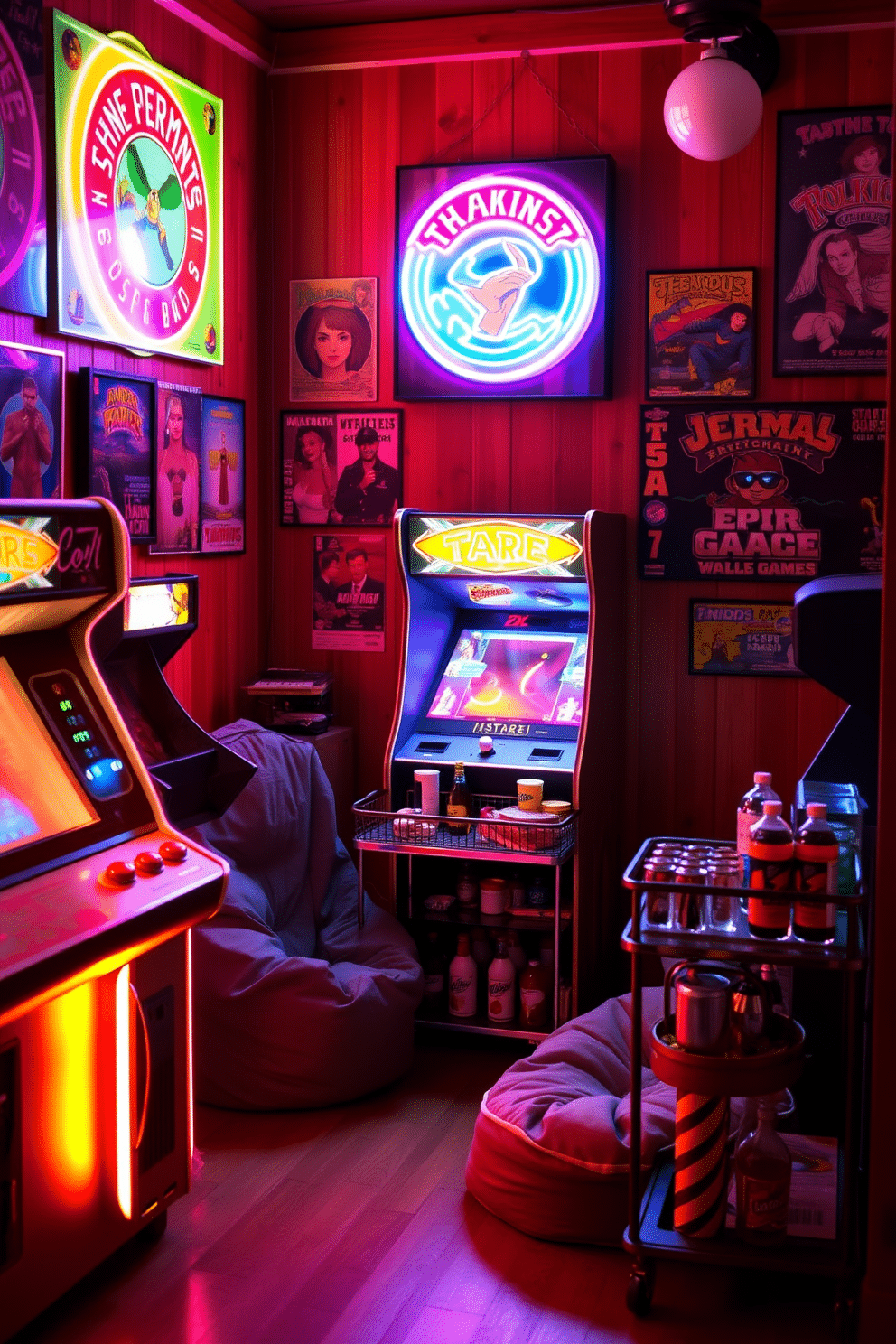 A cozy retro arcade corner filled with vintage gaming machines and neon lights casting a vibrant glow. The walls are adorned with colorful posters of classic games, and a plush bean bag chair sits invitingly in the corner. A sleek bar cart stocked with retro snacks and drinks complements the playful atmosphere. Warm wood tones and soft ambient lighting create an inviting space for friends to gather and enjoy nostalgic gaming experiences.