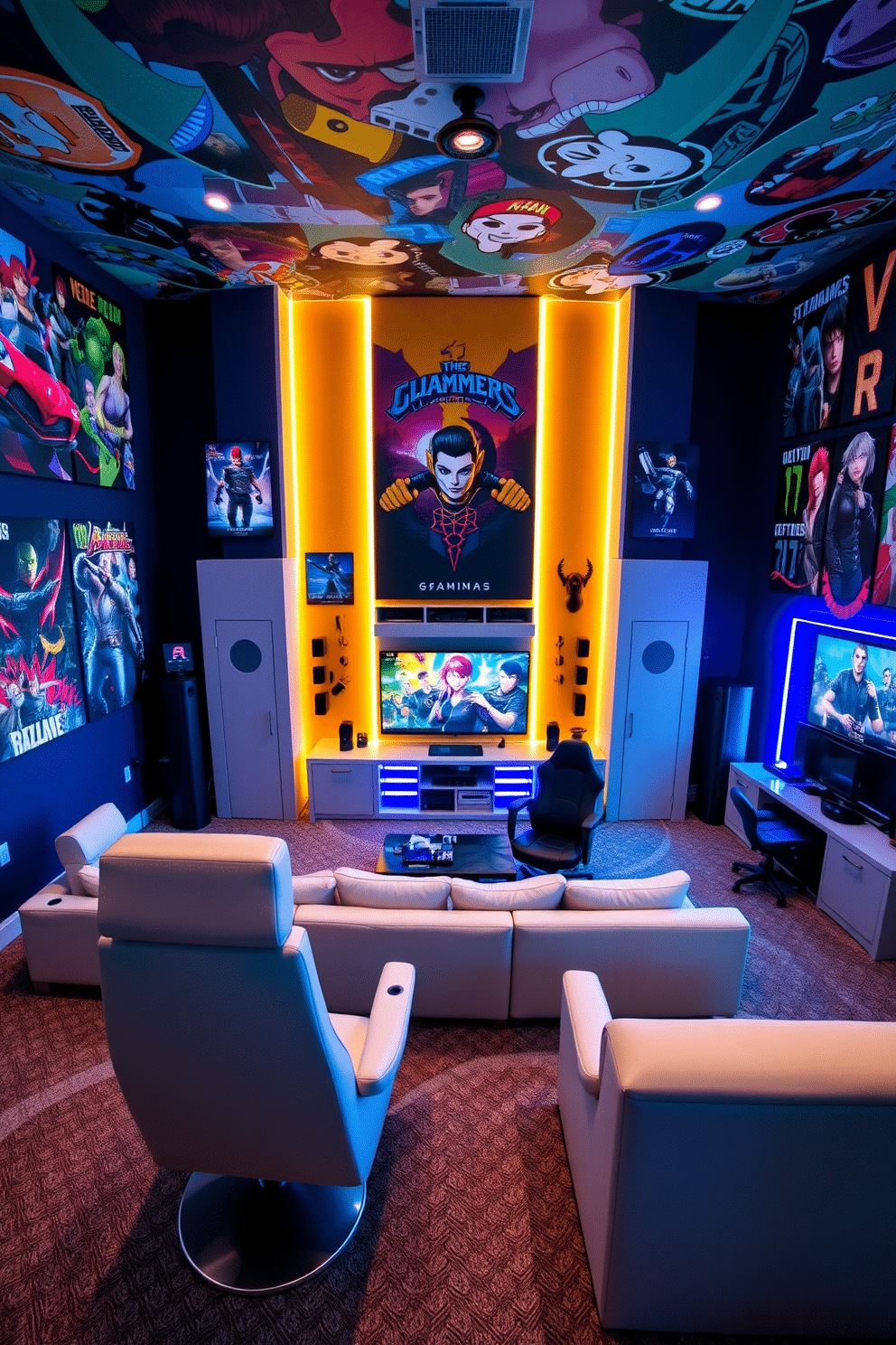 A vibrant game room filled with energy and creativity. The walls are adorned with colorful game-themed artwork and posters, showcasing iconic characters and scenes from popular video games. In the center, a large sectional sofa invites relaxation, surrounded by sleek gaming chairs. A custom-built entertainment unit houses the latest gaming consoles and accessories, while LED strip lights illuminate the space for an immersive experience.