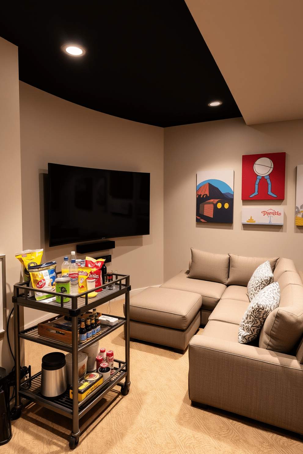 A cozy game room featuring an incorporated snack station for convenience. The snack station includes a stylish bar cart with a selection of snacks and beverages, positioned near a plush sectional sofa in a warm gray tone. The room is designed for entertainment, with a large flat-screen TV mounted on the wall and a modern gaming console set up below. Soft ambient lighting creates a welcoming atmosphere, while colorful artwork adorns the walls, reflecting a playful vibe.