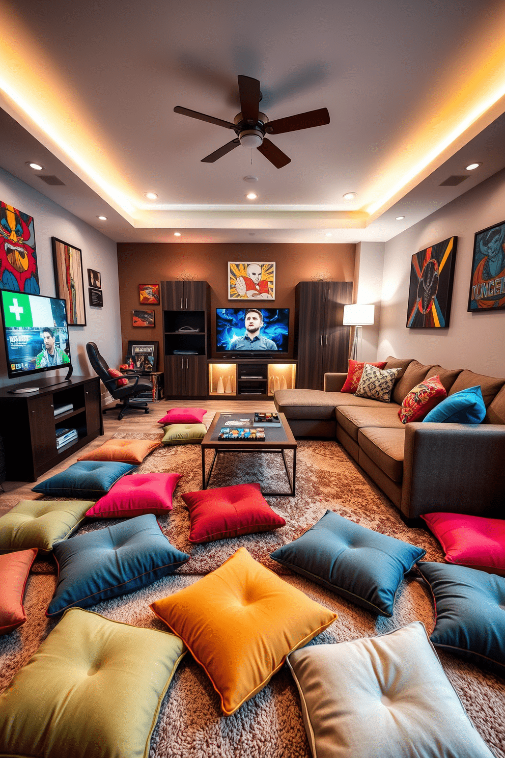 A cozy game room designed for relaxation features an array of colorful floor cushions scattered across a plush area rug. The walls are adorned with vibrant artwork, and a large sectional sofa invites friends to gather for game nights. In one corner, a stylish coffee table holds board games and snacks, while soft lighting creates a warm ambiance. A sleek entertainment center showcases the latest gaming consoles, ensuring endless fun and comfort.