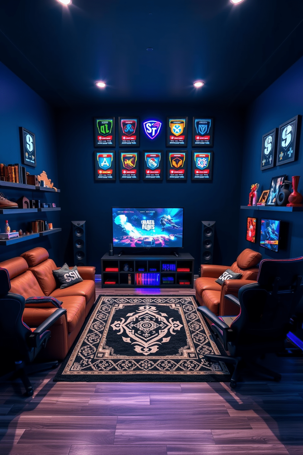 A dynamic game room featuring a wall of fame showcasing framed gaming achievements, each highlighted with LED backlighting for an eye-catching effect. The space is filled with comfortable seating options, including a plush sectional and gaming chairs, all arranged around a large screen for immersive gameplay. The walls are painted in a deep navy blue, creating a cozy yet energetic atmosphere, while shelves display collectibles and trophies. A stylish rug anchors the seating area, and ambient lighting enhances the overall vibe, making it the perfect retreat for gamers.