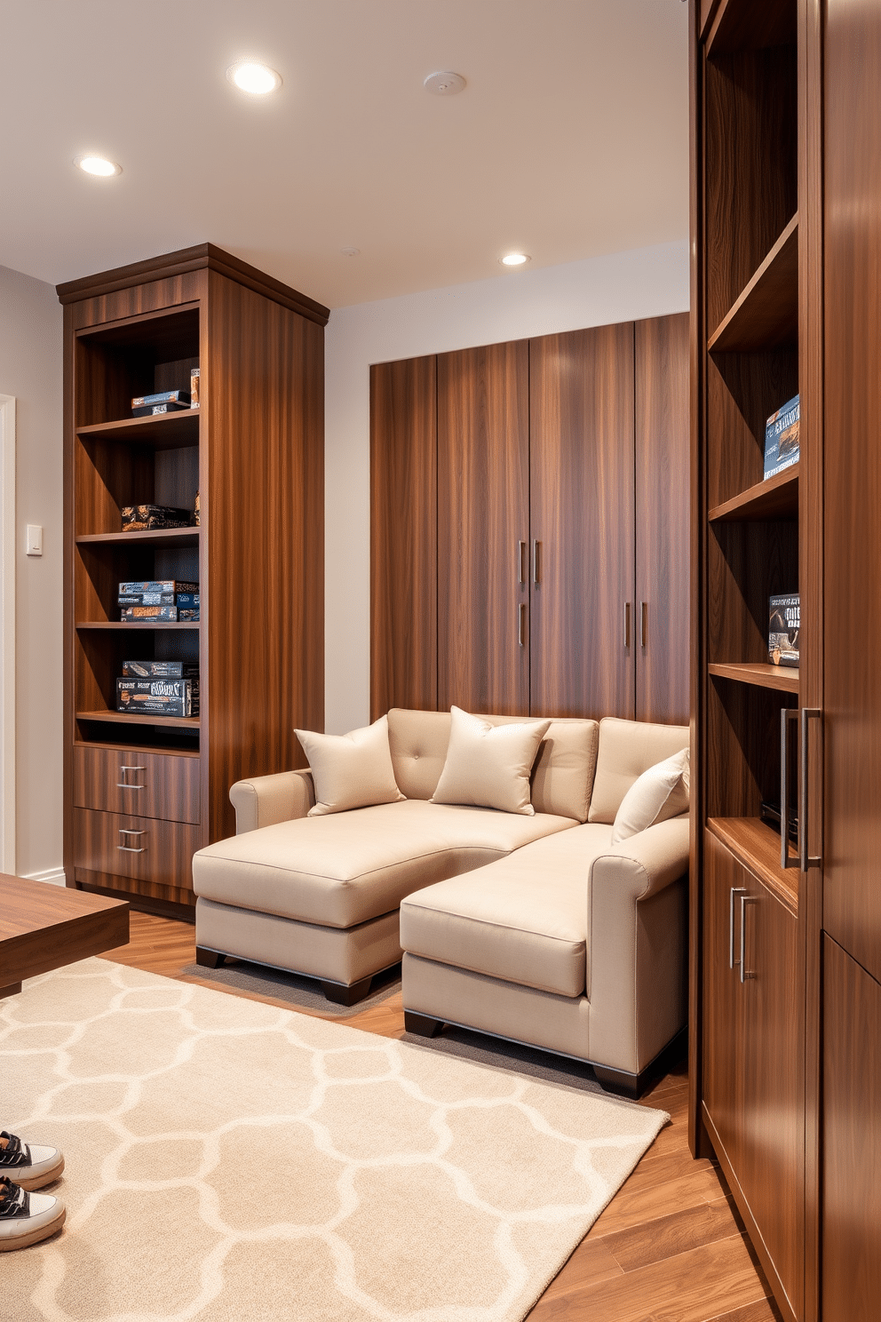 A stylish game room featuring custom cabinetry designed for organized game storage. The cabinetry is crafted from rich walnut wood, with sleek, modern hardware and a combination of open shelves and closed compartments for a clean, uncluttered look. Soft ambient lighting highlights the cabinetry, while a plush sectional sofa in a neutral tone provides comfortable seating for gaming sessions. A large area rug in geometric patterns adds warmth and texture to the space, creating an inviting atmosphere for friends and family to enjoy.