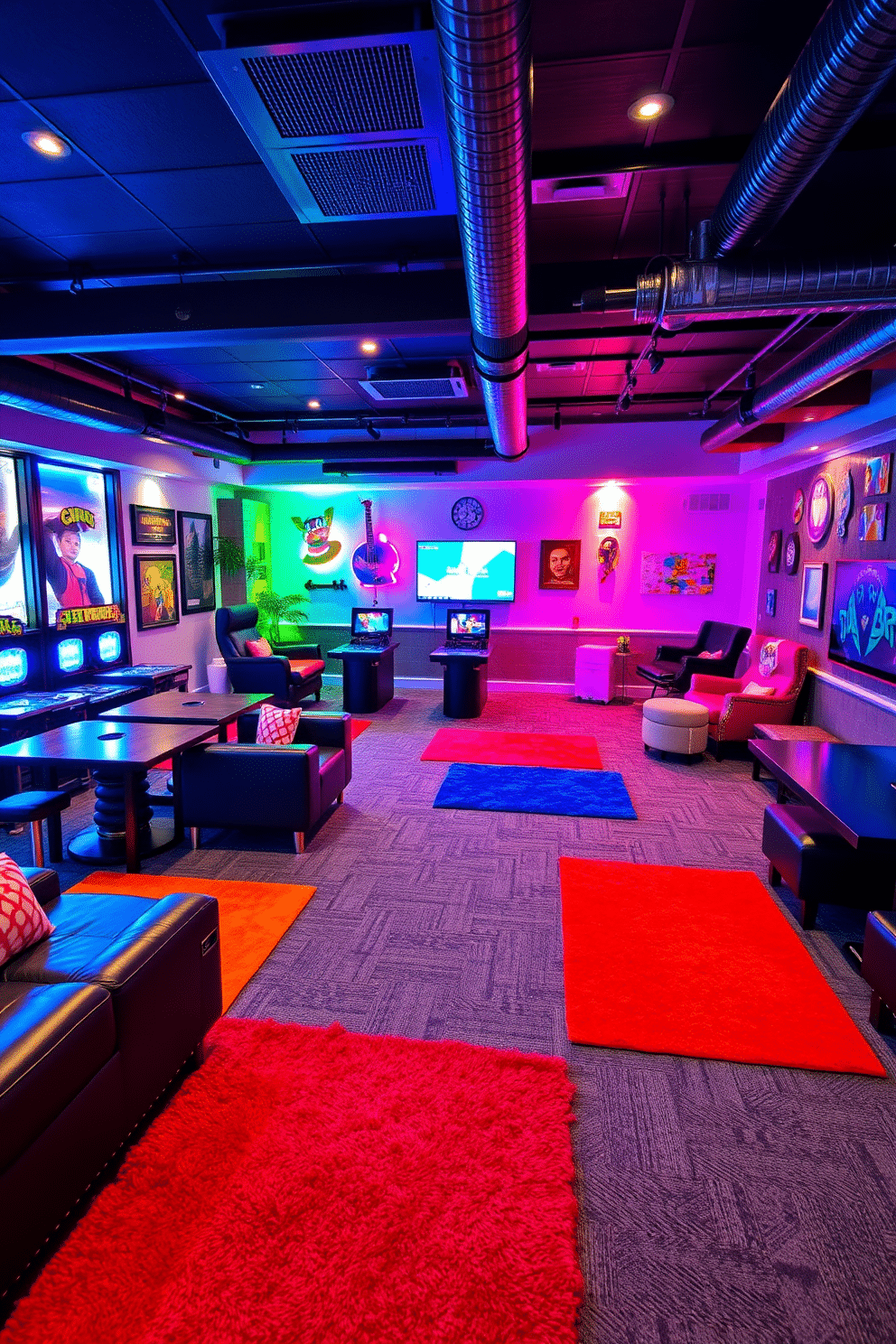 A vibrant game room featuring bright area rugs that delineate distinct gaming zones. The space is filled with comfortable seating, playful decor, and ambient lighting to enhance the energetic atmosphere.