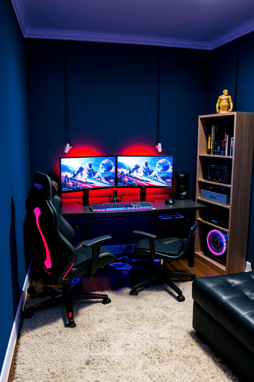 A personalized gaming setup tailored for an avid gamer. The room features a sleek gaming desk with RGB lighting, a high-end gaming chair, and dual monitors displaying vibrant graphics. In the corner, a custom-built shelving unit showcases collectibles and gaming gear. The walls are adorned with soundproof panels in a deep blue hue, and a plush area rug adds comfort underfoot.