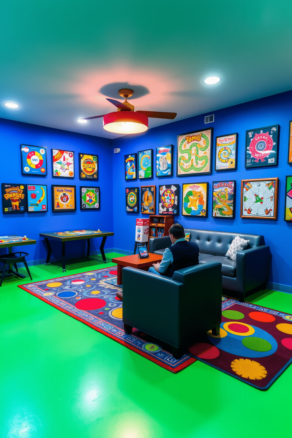 A vibrant game room featuring interactive board games displayed as art on the walls. The space is filled with comfortable seating, colorful rugs, and playful lighting that invites creativity and fun.