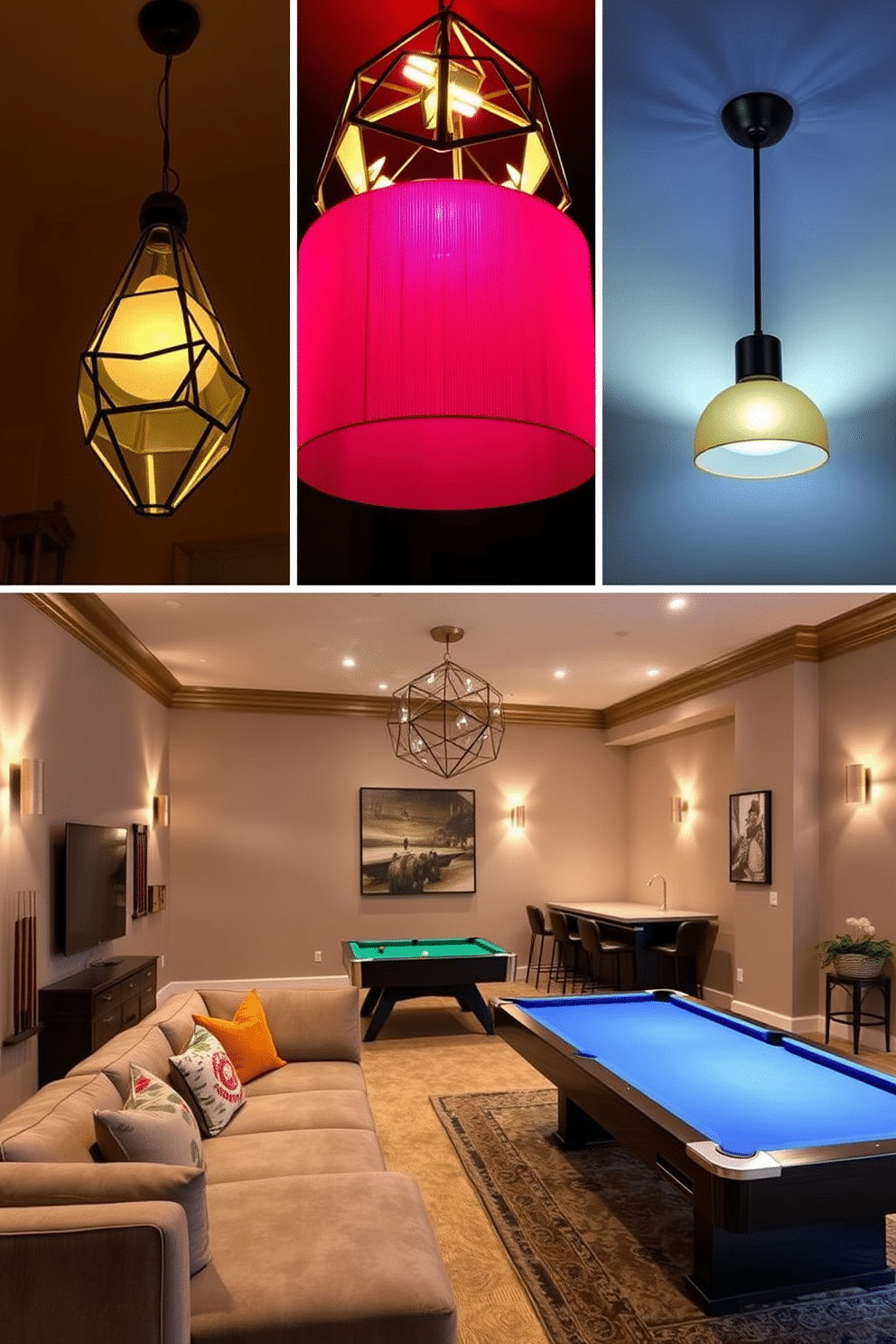 A collection of unique lighting fixtures that add visual interest to a modern game room. The fixtures include a striking chandelier with geometric shapes, pendant lights in vibrant colors, and wall sconces that create a warm ambiance. A game room designed with a playful yet sophisticated aesthetic. The space features a plush sectional sofa, a sleek pool table, and a bar area with stylish stools, all illuminated by the eye-catching lighting fixtures.