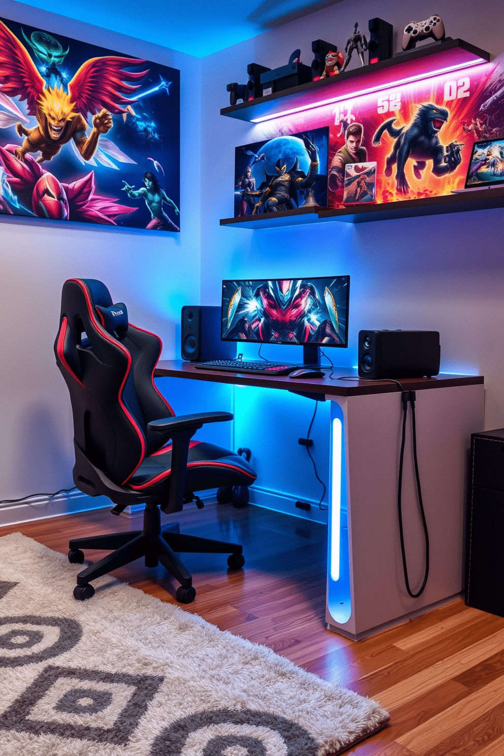 A sleek gaming station features a modern desk with integrated LED lighting and cable management. Two ergonomic chairs with adjustable features are positioned around the desk, ensuring comfort during long gaming sessions. The walls are adorned with vibrant, game-themed artwork, creating an immersive atmosphere. A plush area rug in a geometric pattern adds warmth to the space, while shelves display gaming collectibles and accessories.