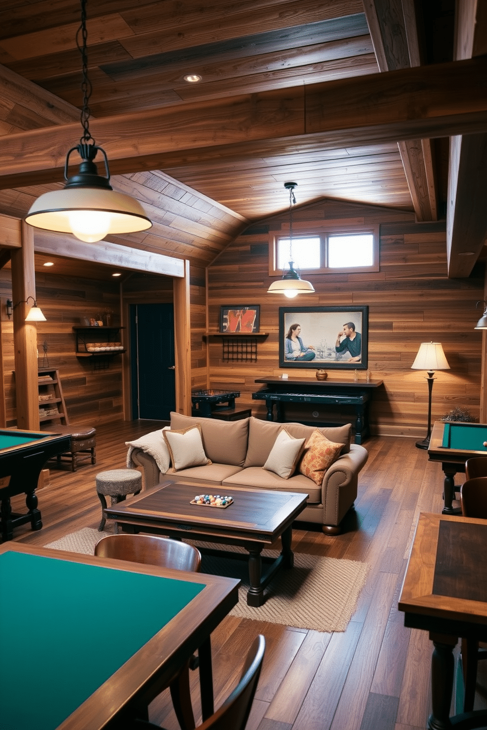 A cozy game room featuring rustic wood accents throughout the space. The walls are adorned with reclaimed wood paneling, and a large wooden beam runs across the ceiling, enhancing the warm ambiance. In the center, a plush sectional sofa in earthy tones invites relaxation, surrounded by a mix of vintage and modern game tables. Soft lighting from stylish pendant lamps casts a warm glow, creating an inviting atmosphere for friends and family to gather.