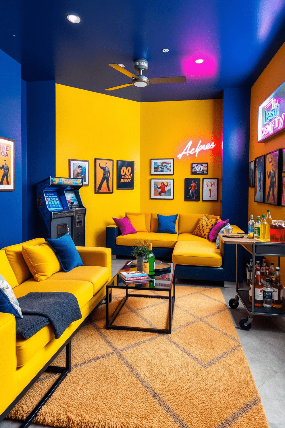 A vibrant game room featuring a bold color scheme with deep blue accent walls that create a striking contrast against the bright yellow furniture. The space includes a large sectional sofa adorned with colorful throw pillows, a sleek coffee table, and a modern arcade machine in the corner. The walls are decorated with framed artwork and neon signs that enhance the energetic atmosphere. A plush area rug in geometric patterns anchors the seating area, while a stylish bar cart holds an array of drinks for entertaining guests.