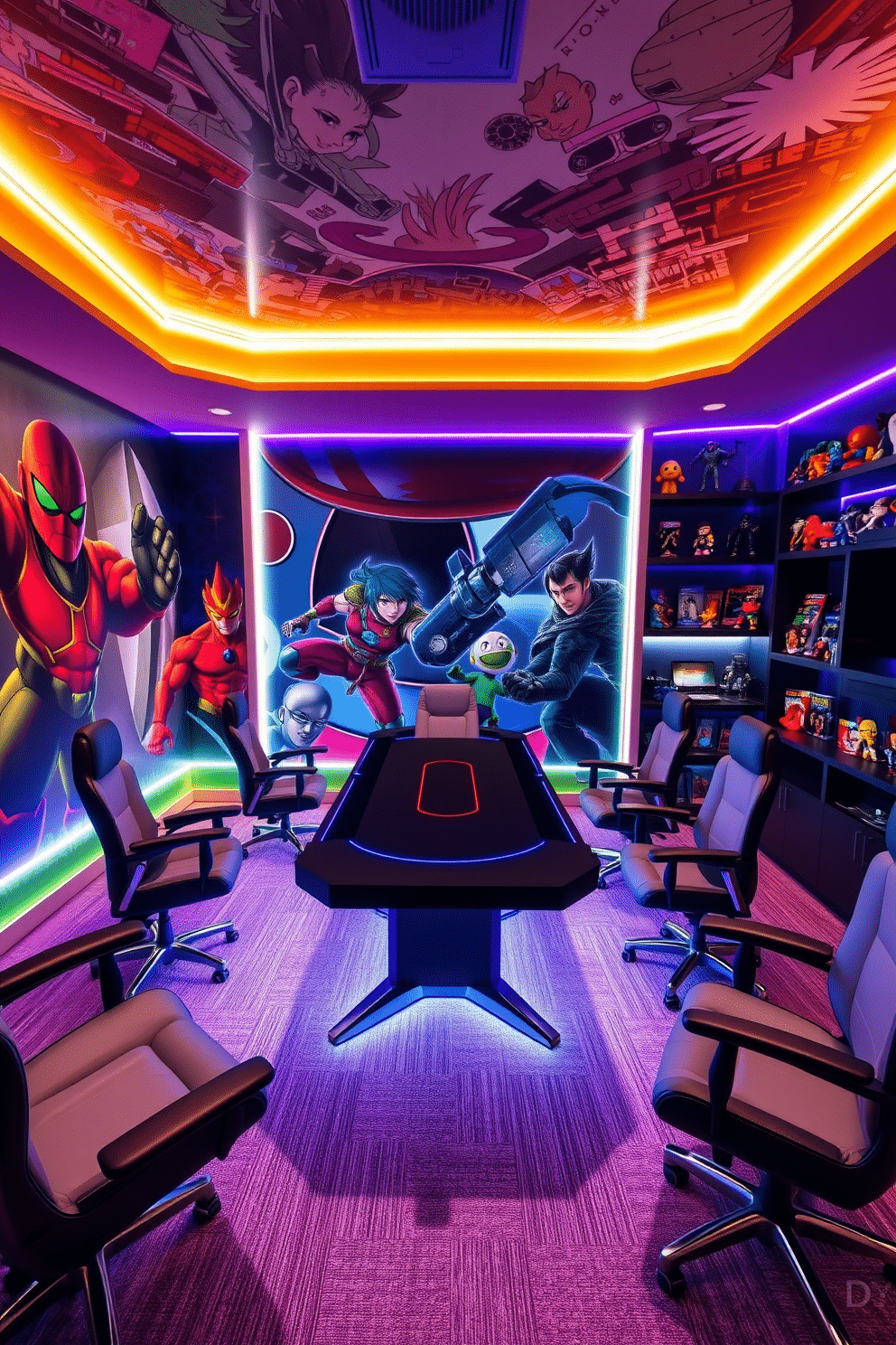 A vibrant game room inspired by popular video games. The walls are adorned with large, colorful murals depicting iconic game characters, while LED strip lighting adds a dynamic glow to the space. In the center, a sleek gaming table is surrounded by comfortable, ergonomic chairs with plush cushioning. Shelves filled with collectible action figures and game memorabilia line the walls, creating a playful yet sophisticated atmosphere.