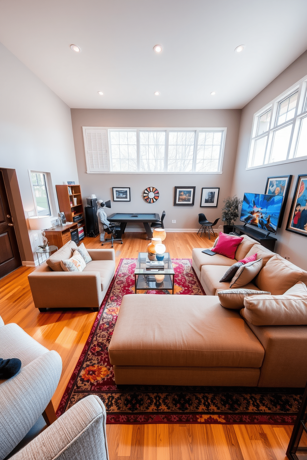 A spacious game room featuring an open layout that promotes easy movement and flow. The room is adorned with a large sectional sofa, a sleek coffee table, and a state-of-the-art gaming console setup against one wall. Natural light floods the space through large windows, highlighting the warm wood tones of the flooring. Decorative elements include a vibrant area rug and framed artwork that reflects a playful, energetic theme.