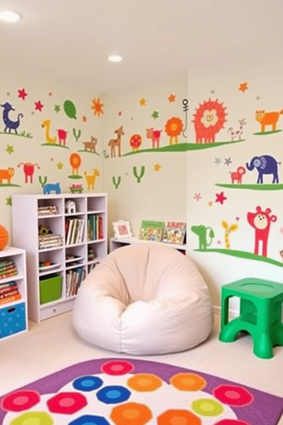 A vibrant playroom filled with colorful wall decals depicting whimsical animals and shapes. The walls are painted in a soft pastel hue, creating a cheerful and inviting atmosphere. In the center of the room, a cozy reading nook features a plush bean bag chair surrounded by shelves filled with books and toys. A playful rug with bright patterns anchors the space, inviting children to sit and play.