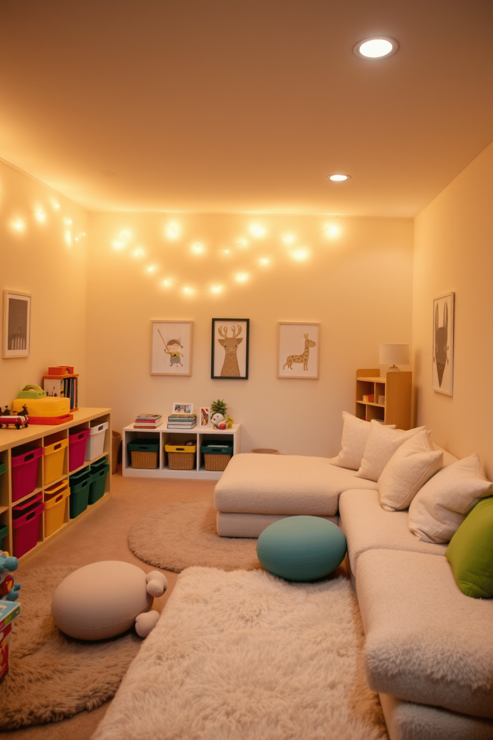 A cozy playroom filled with soft, ambient lighting that creates a warm and inviting atmosphere. The walls are painted in a cheerful pastel color, and plush rugs cover the floor, providing a comfortable space for children to play. Colorful storage bins are neatly arranged along one wall, filled with toys and books. A large, cushioned seating area with oversized pillows invites relaxation, while whimsical artwork adorns the walls, adding a playful touch to the design.