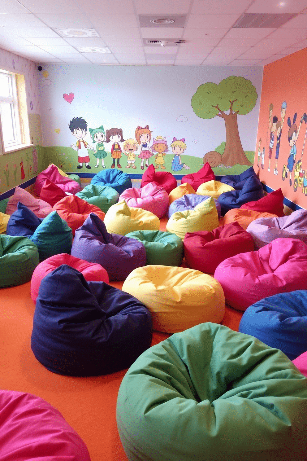 A vibrant playroom filled with colorful bean bags in various shapes and sizes, providing a cozy and inviting seating area for children. The walls are adorned with playful murals of cartoon characters, and the floor is covered with soft, plush carpeting in bright hues to ensure safety and comfort.